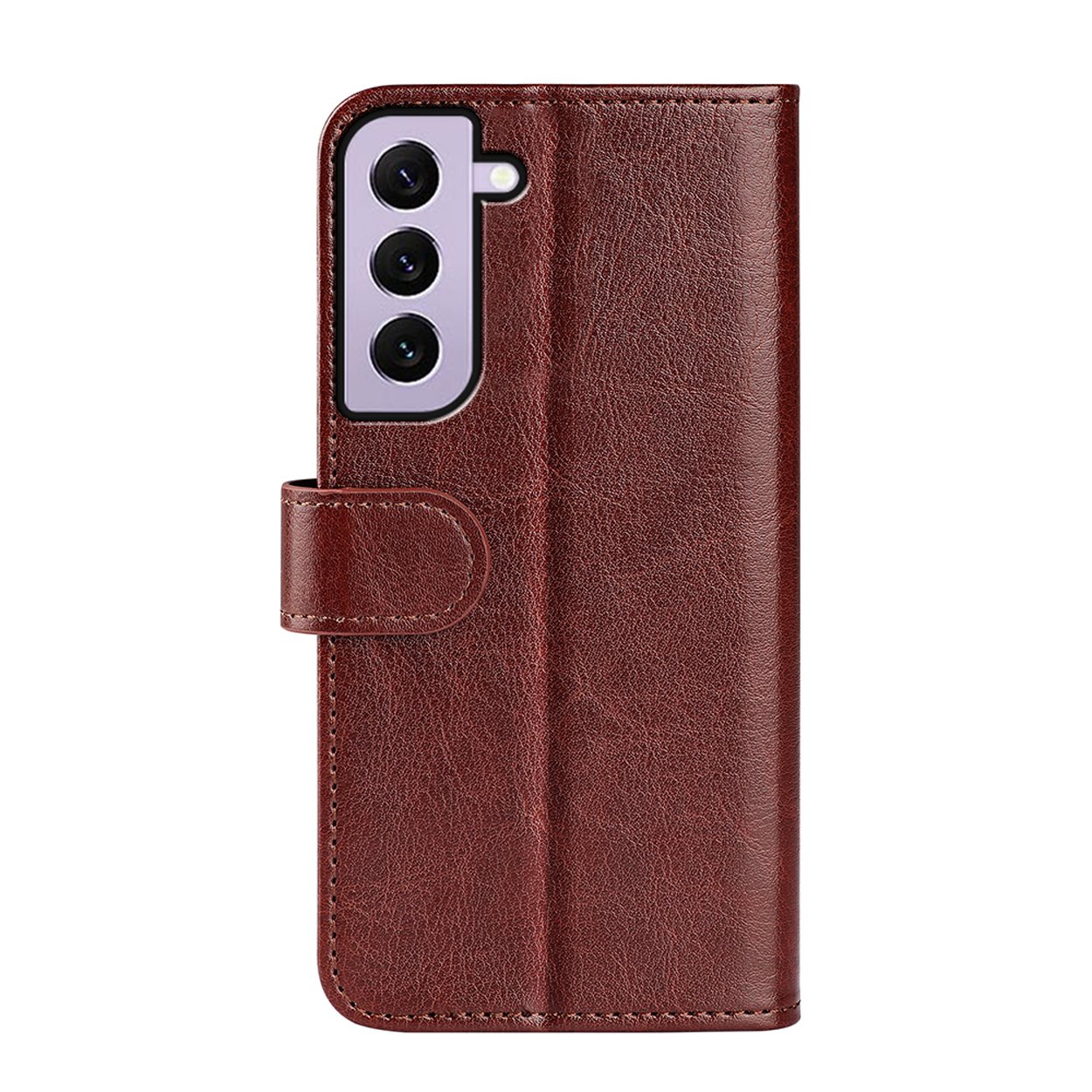 Un étui de téléphone en cuir marron en position ouverte. C'est un étui de type portefeuille pour un téléphone.