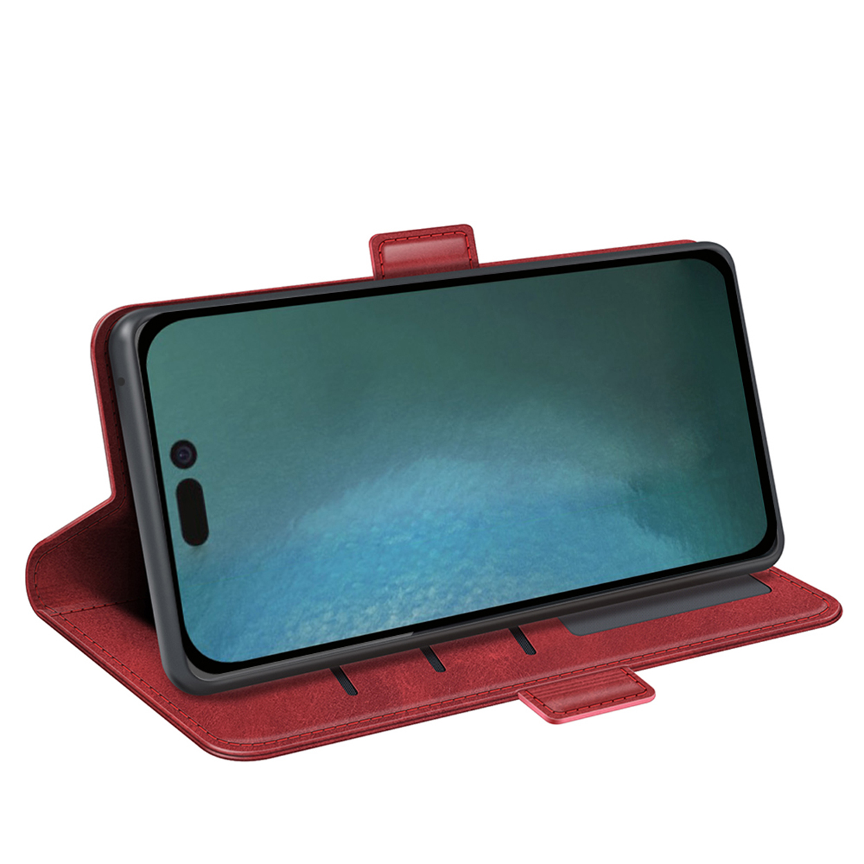 Rode telefoonhoes open. De telefoon toont een donkergroen scherm. De hoes heeft een magnetische sluiting.