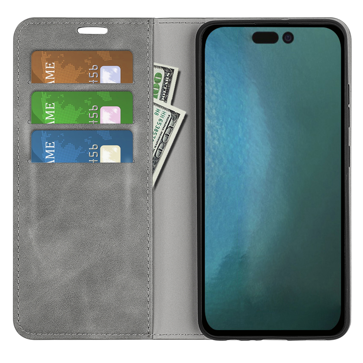 Grijze telefoonhoes open, met kaarten en geld. Telefoonscherm wordt getoond.