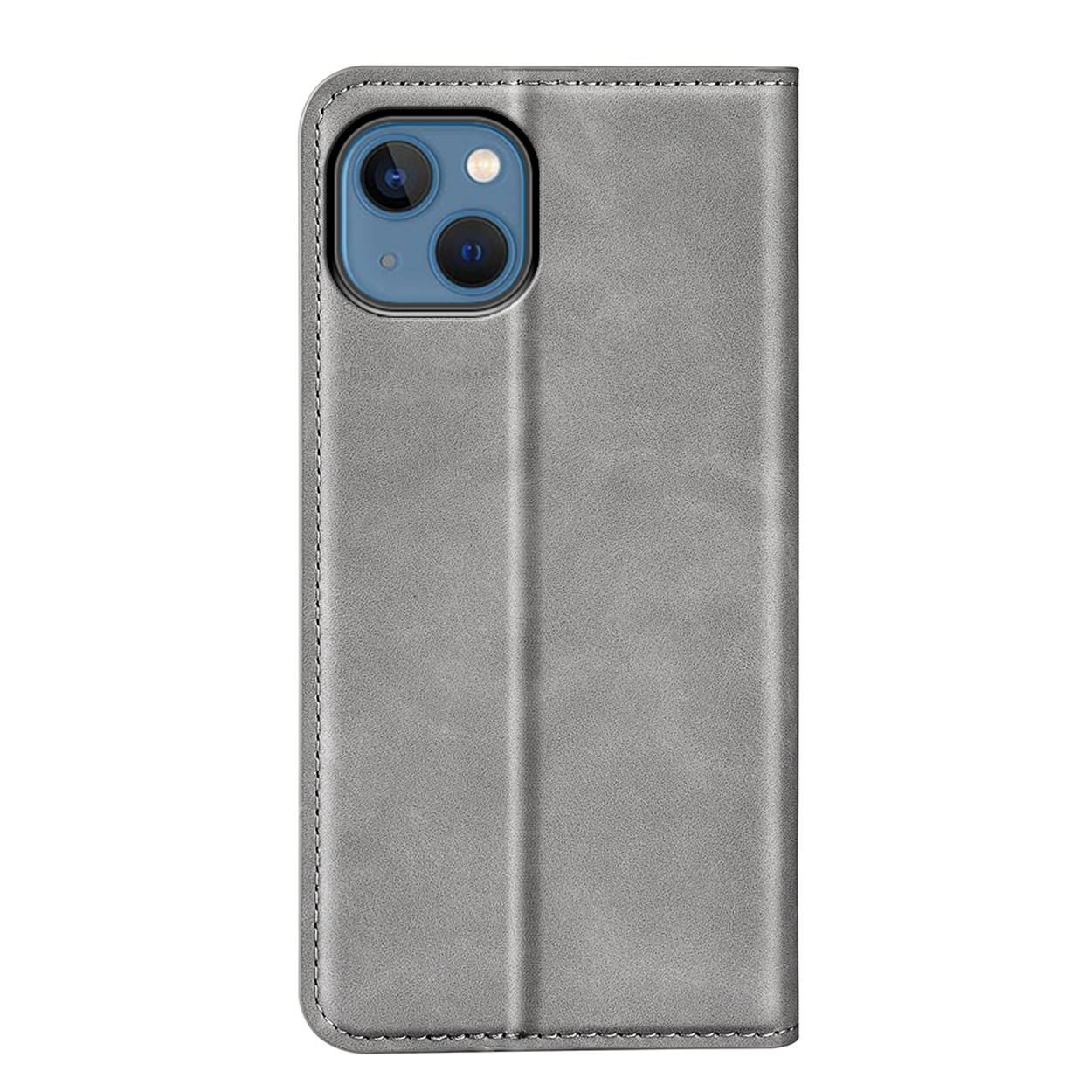Grijze telefoonhoes, open, met telefoon, op witte achtergrond.