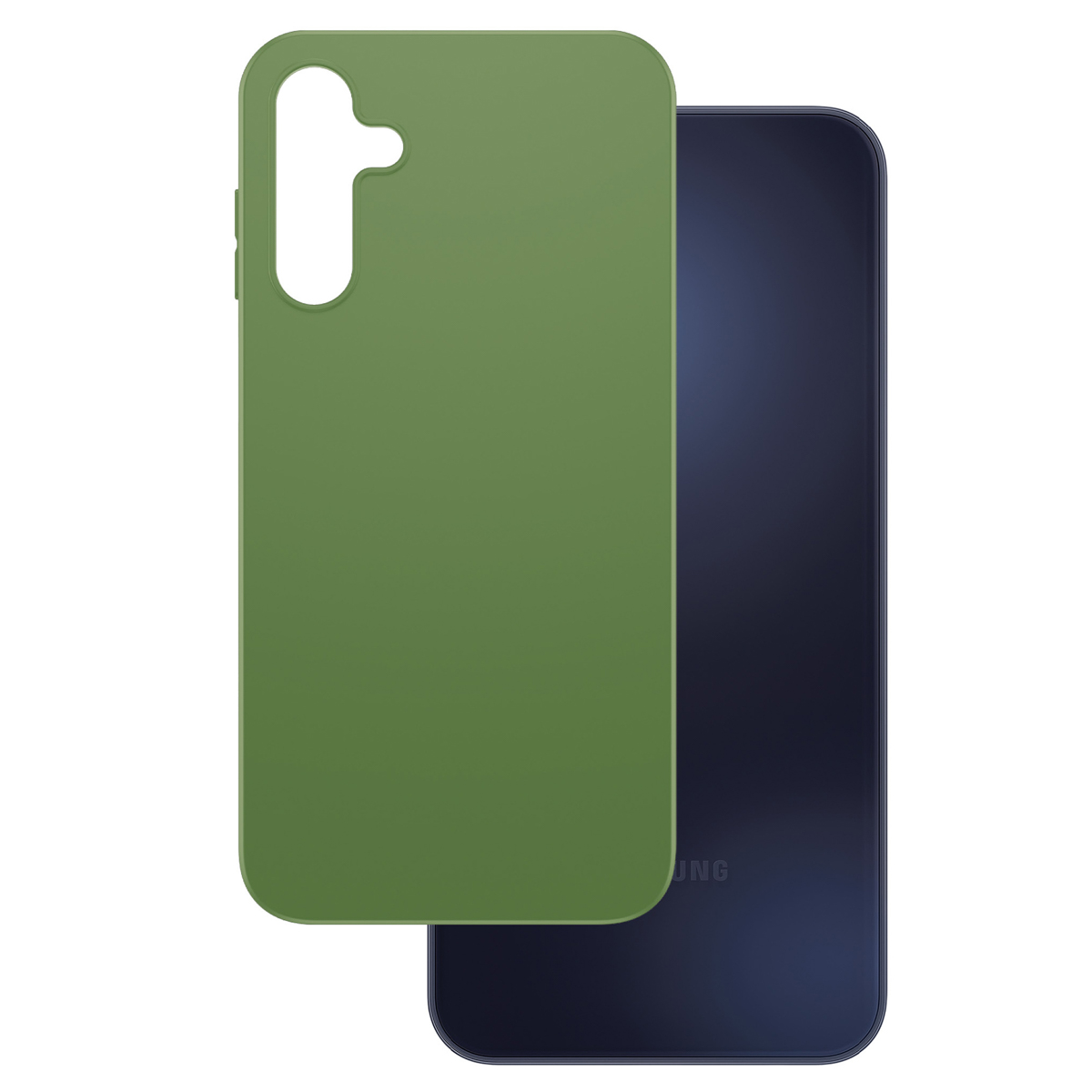 Olivgrüne Handyhülle neben einem dunkelblauen Telefon.