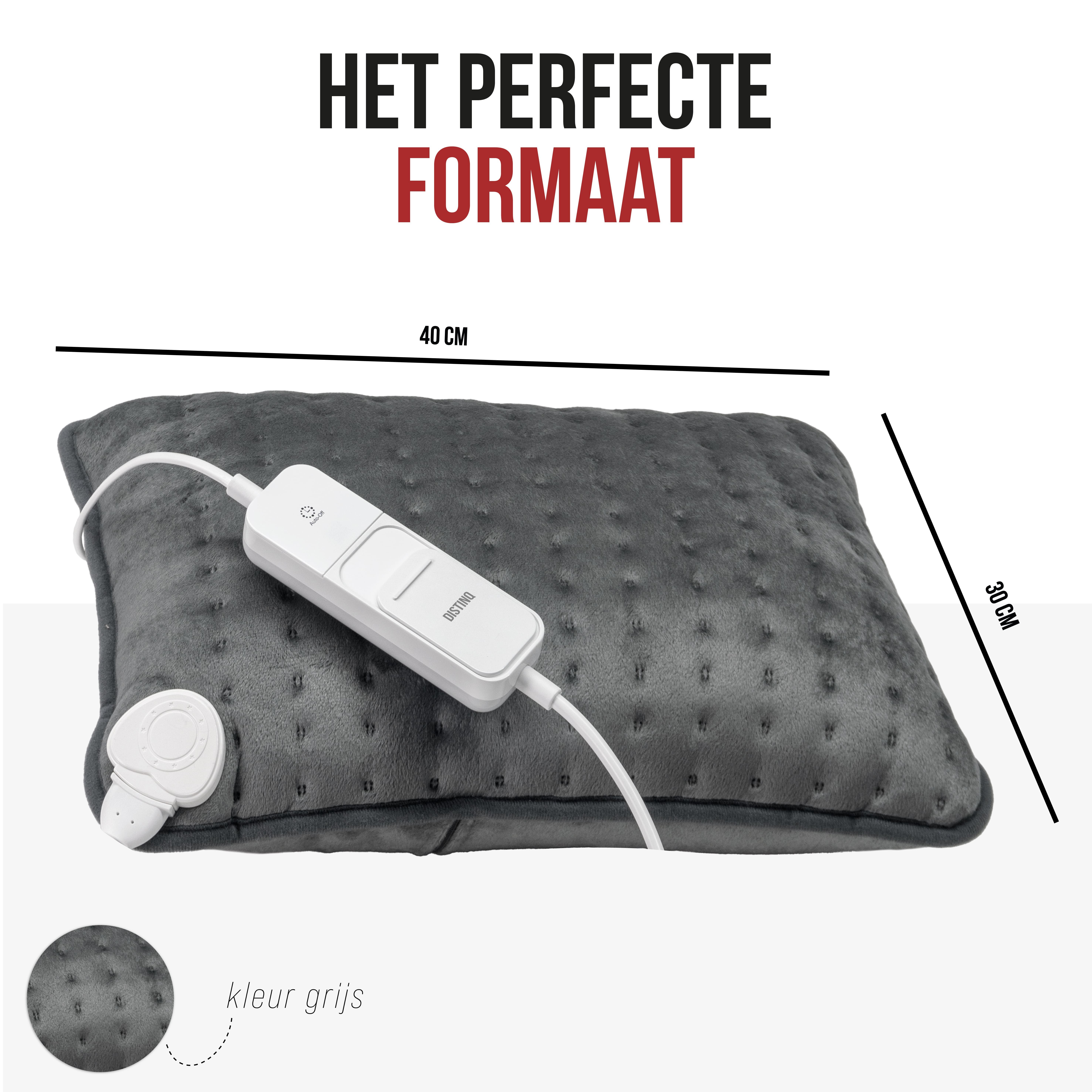 Gray heating pad with a white control. Text says 'Het perfecte formaat'. Measurements are shown.