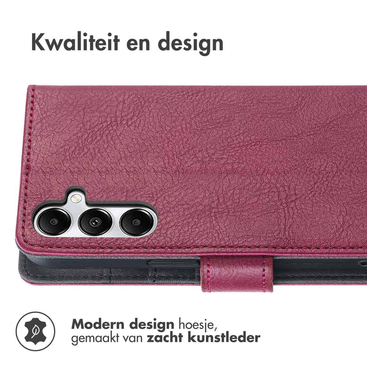 Coque de téléphone avec découpe triple caméra, couleur bordeaux. Texte sur la qualité et le design. Fond blanc.