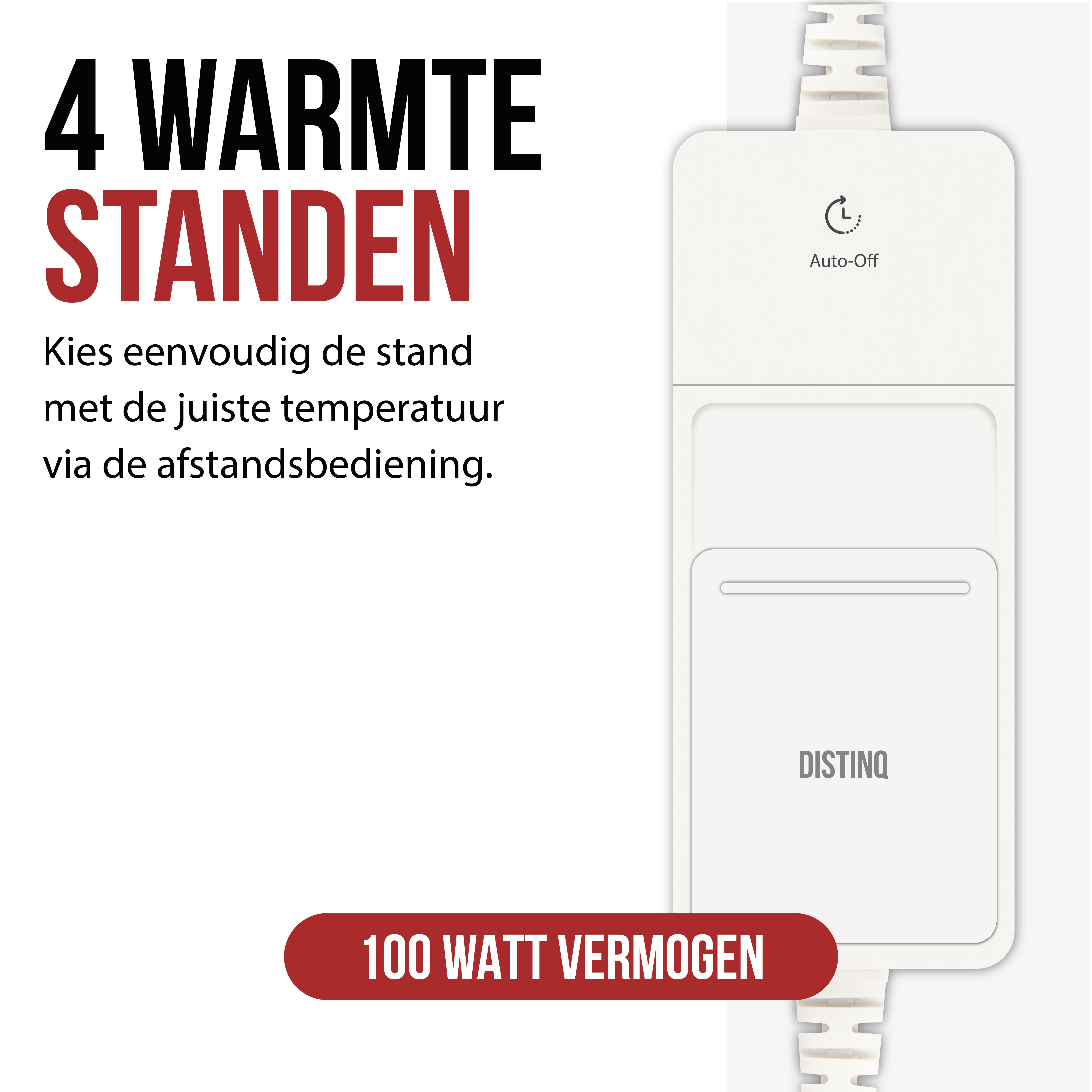 White control panel with text, white cord. The panel has four temperature settings and an auto-off feature.