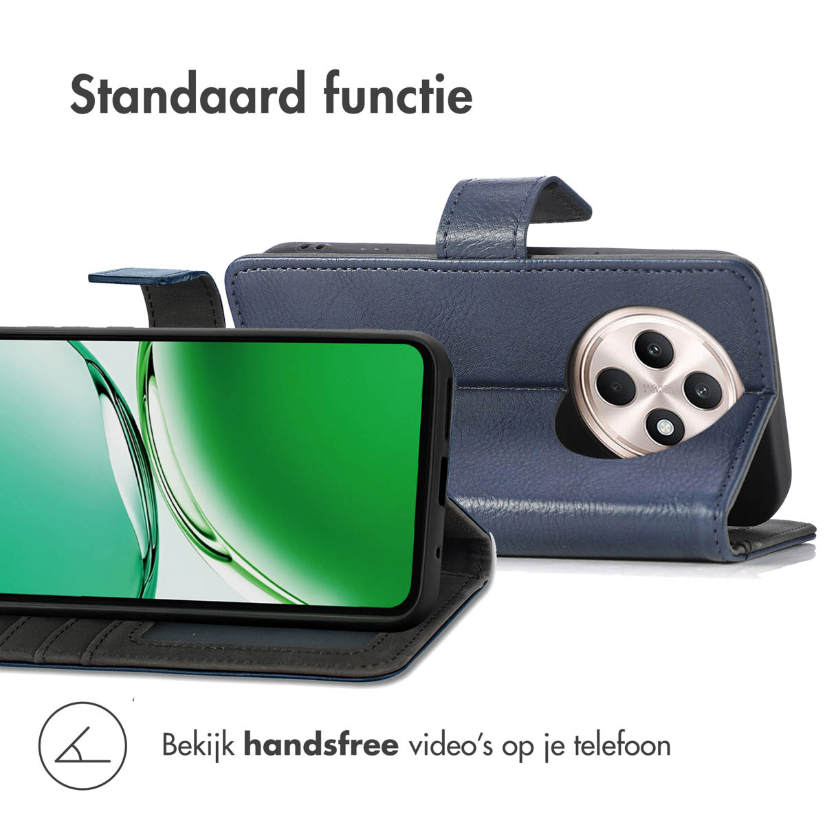 Smartphone in een blauwe hoes, geopend om het scherm te tonen, met de tekst 'Standaard functie'.