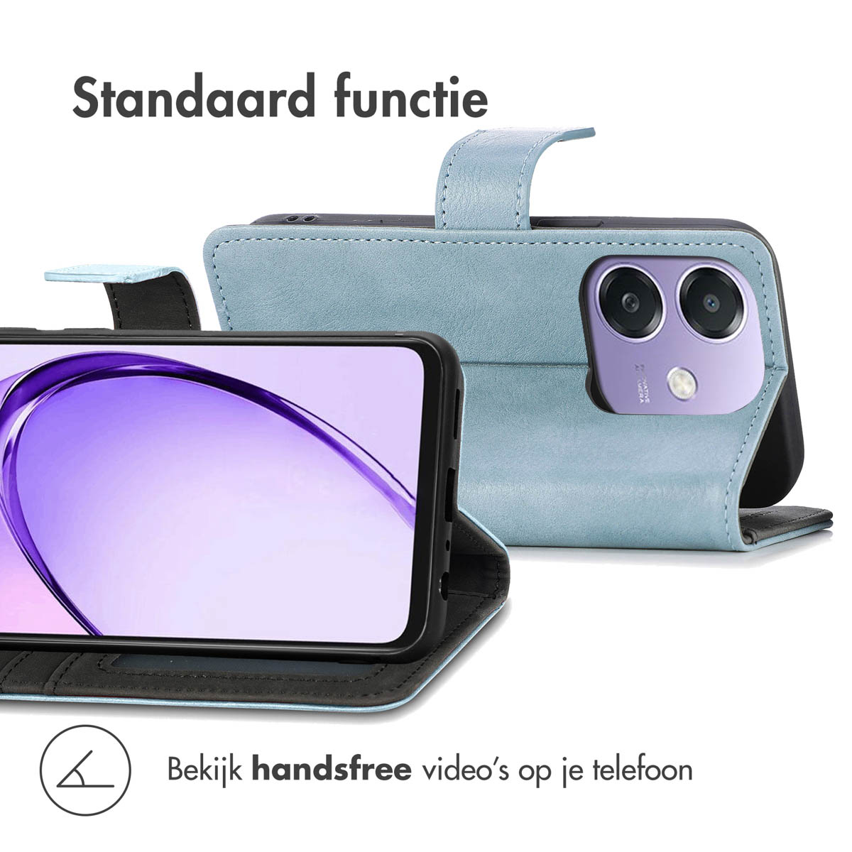 Un étui de téléphone avec un téléphone à l'intérieur, de couleur bleue, avec une option vidéo mains libres.