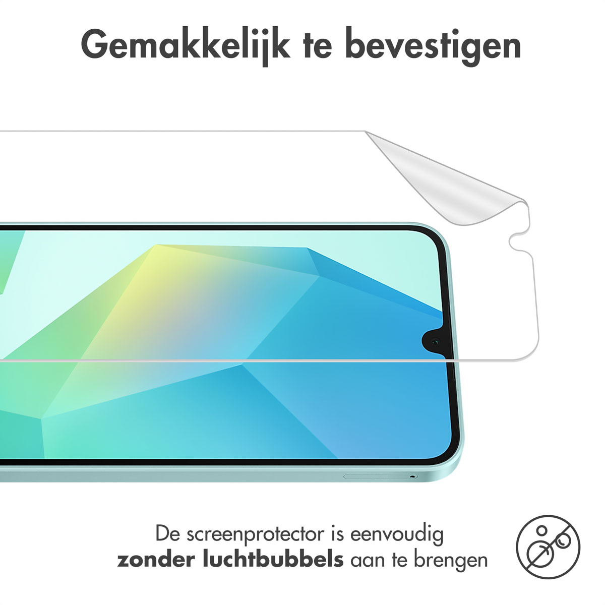 Een schermbeschermer wordt op een telefoon aangebracht. Tekst zegt gemakkelijk aan te brengen en zonder luchtbellen.