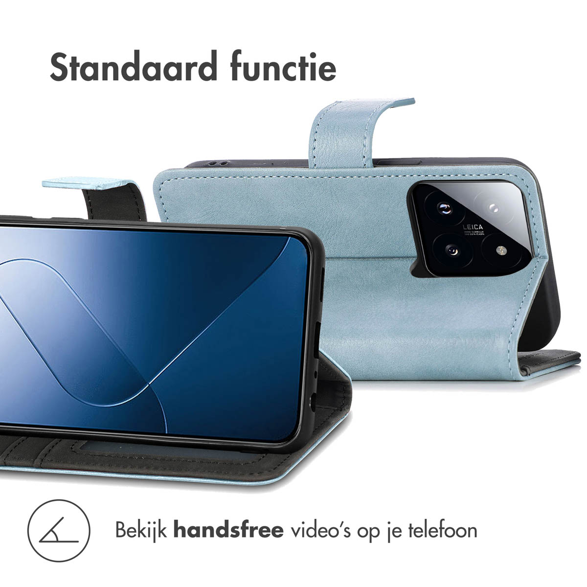 Een telefoon in een lichtblauwe hoes, open, met het scherm zichtbaar. De hoes heeft een camerabult.