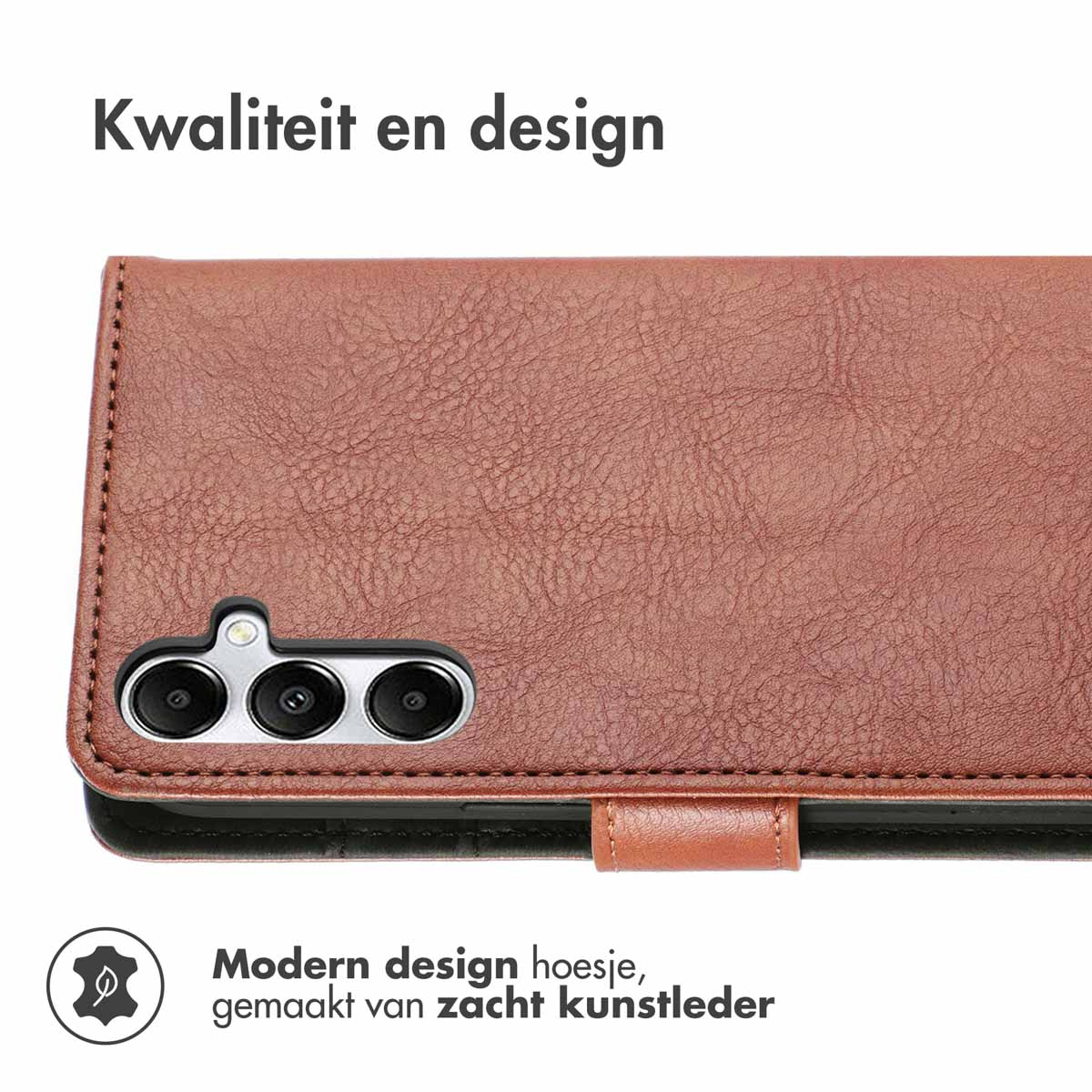 Bruine leren telefoonhoes met tekst: 'Kwaliteit en design' en 'Modern design hoesje'.