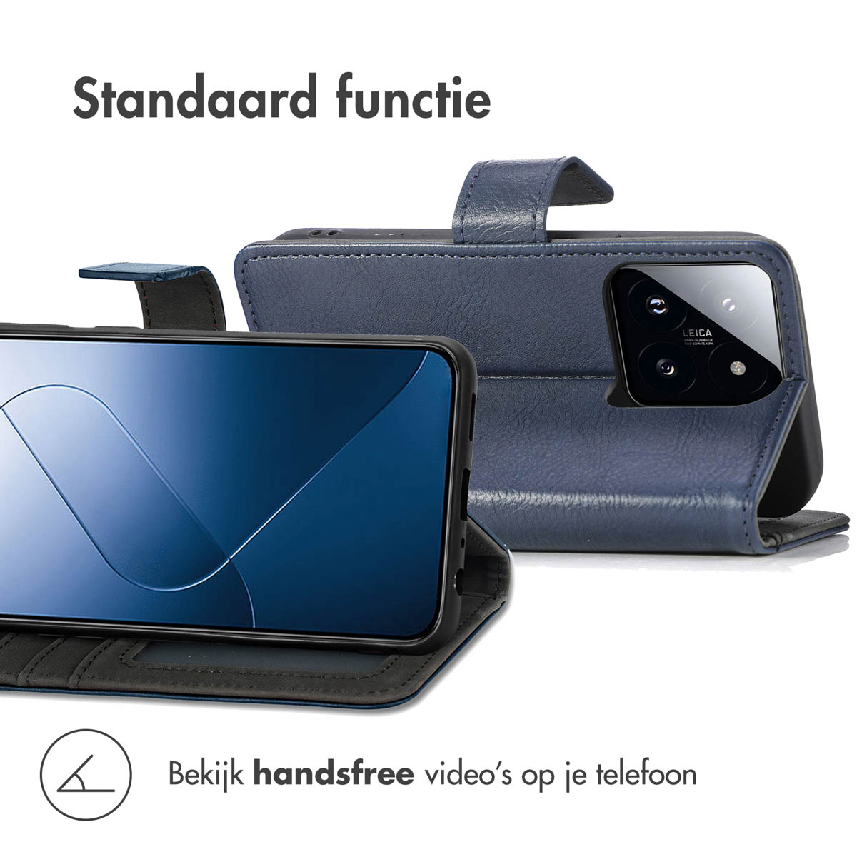 Een telefoon in een blauwe hoes is open. Tekst bovenaan zegt 'Standaard functie'.