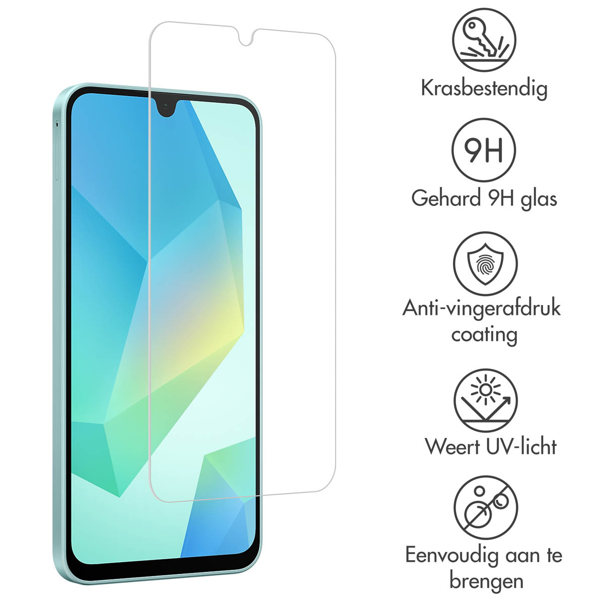 Protecteur d'écran sur un téléphone. Les icônes et le texte indiquent qu'il est résistant aux rayures et protège des UV.