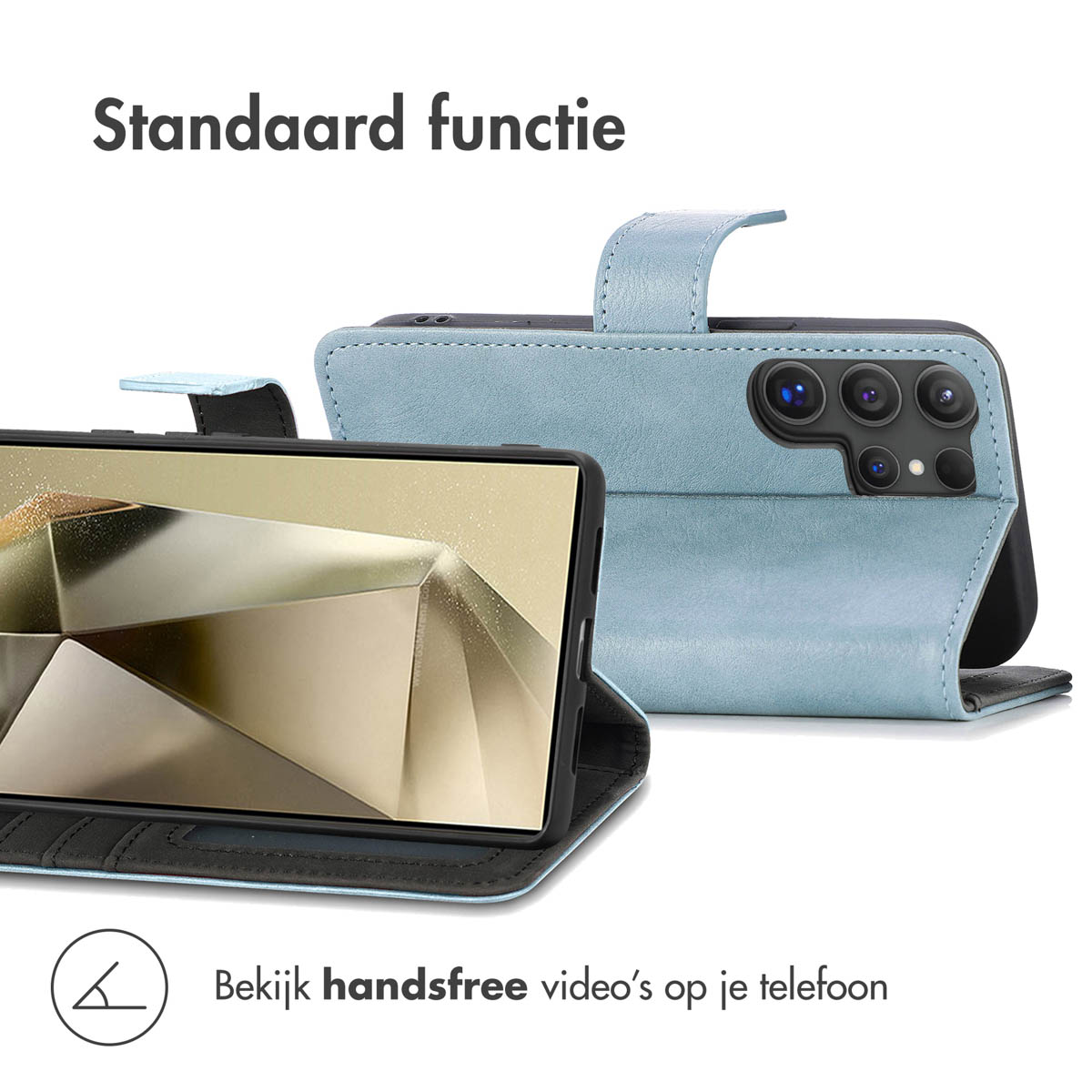 Un étui de téléphone bleu avec un téléphone, montrant une fonction vidéo mains libres.