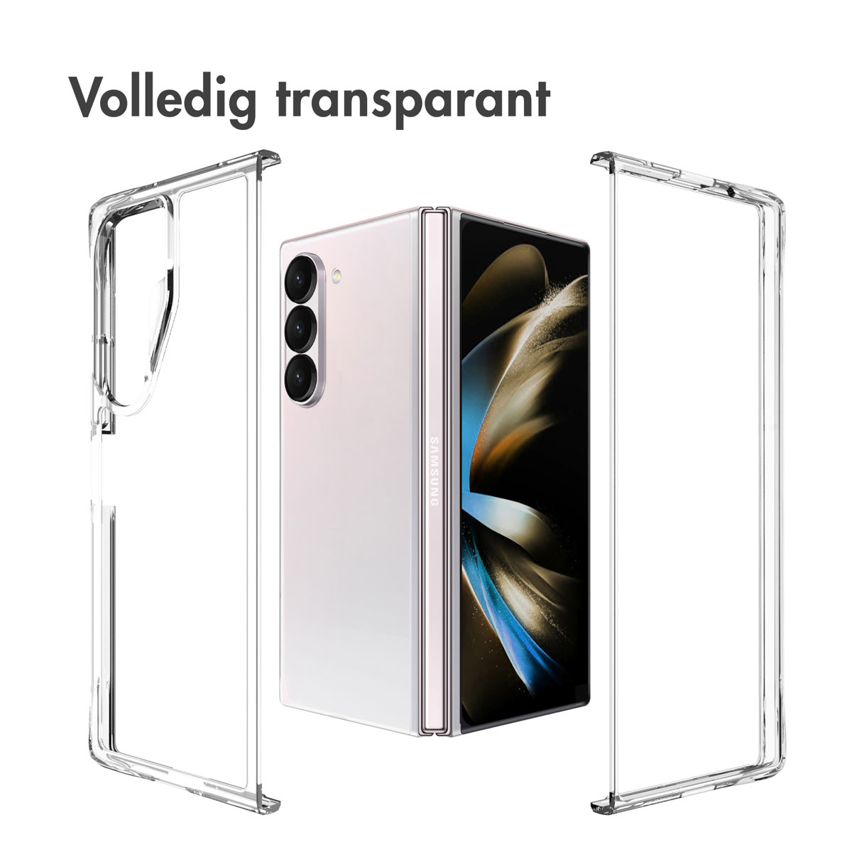Un telefono piegato con custodie trasparenti. Sfondo trasparente.