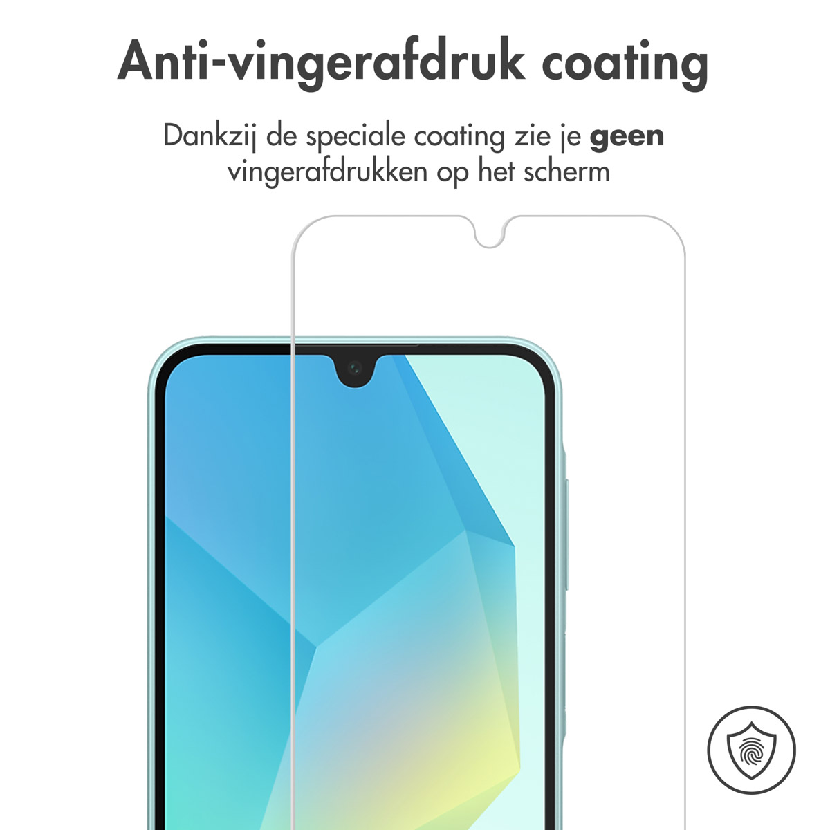Een schermbeschermer op een telefoon. Tekst over anti-vingerafdruk coating.