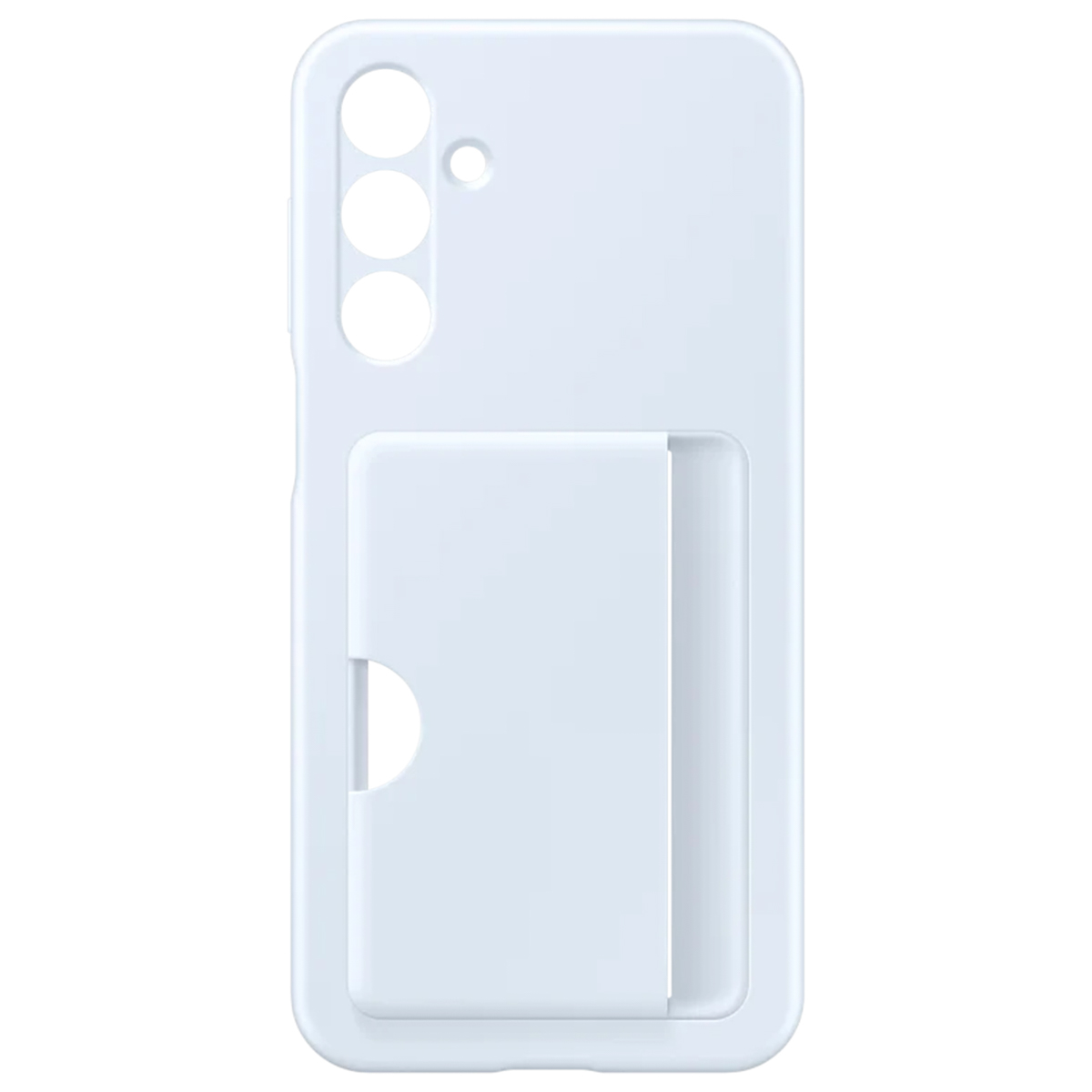 Lichtblauwe telefoonhoes met ruimte voor kaarten. De hoes ligt op een wit oppervlak.