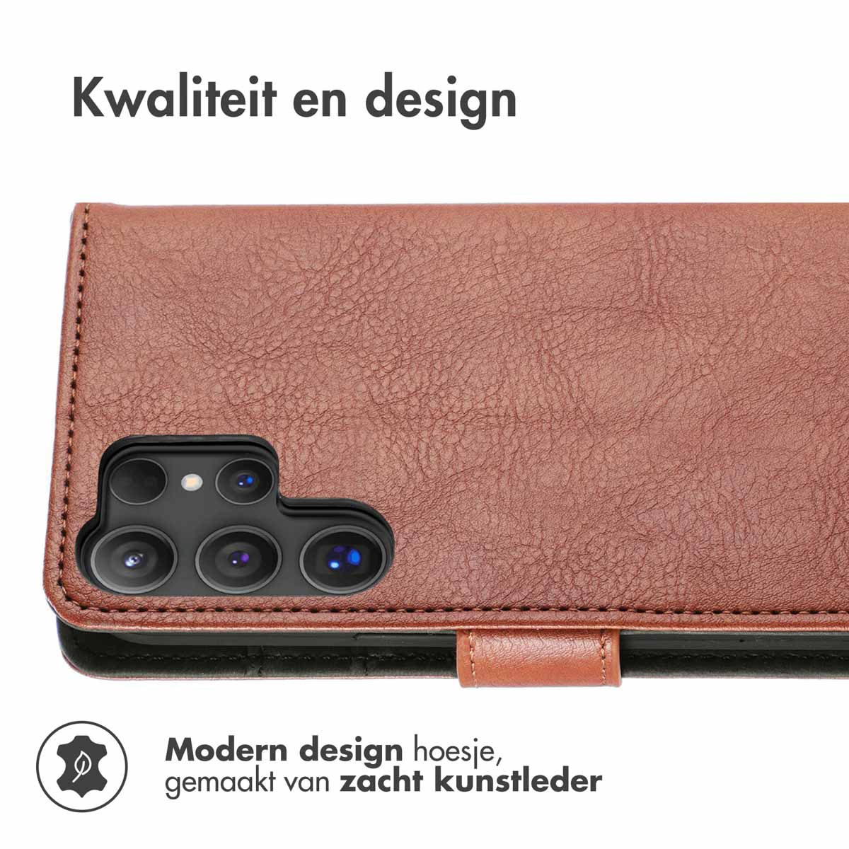 Gros plan sur un étui de téléphone en cuir marron. Le téléphone est visible à l'intérieur de l'étui.