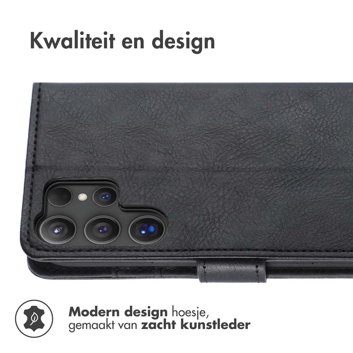 Étui de téléphone noir, avec découpes pour caméra et fermeture magnétique. Texte en haut.