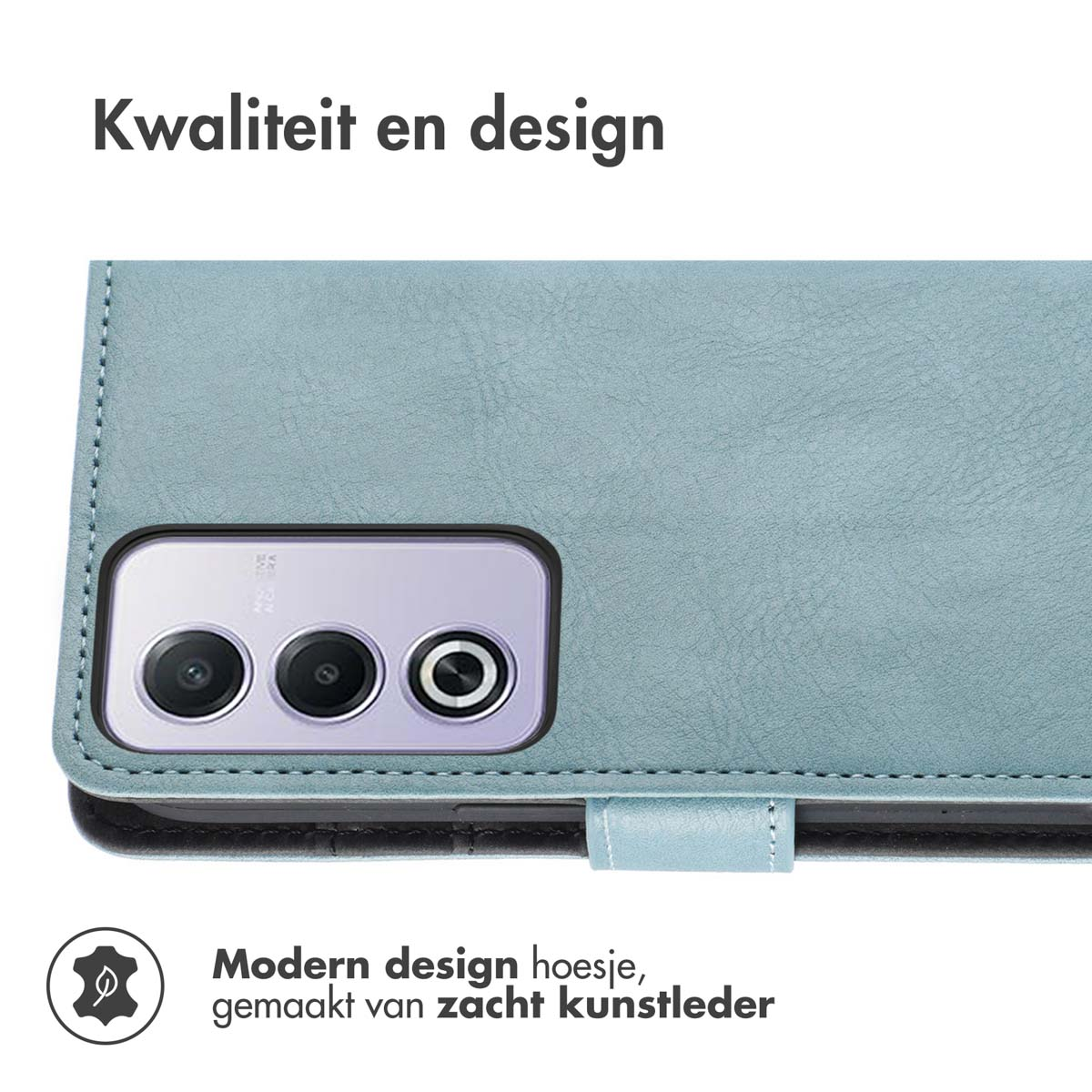 Un étui de téléphone avec un téléphone à l'intérieur est sur la table. Texte: 'Modern design hoesje'.