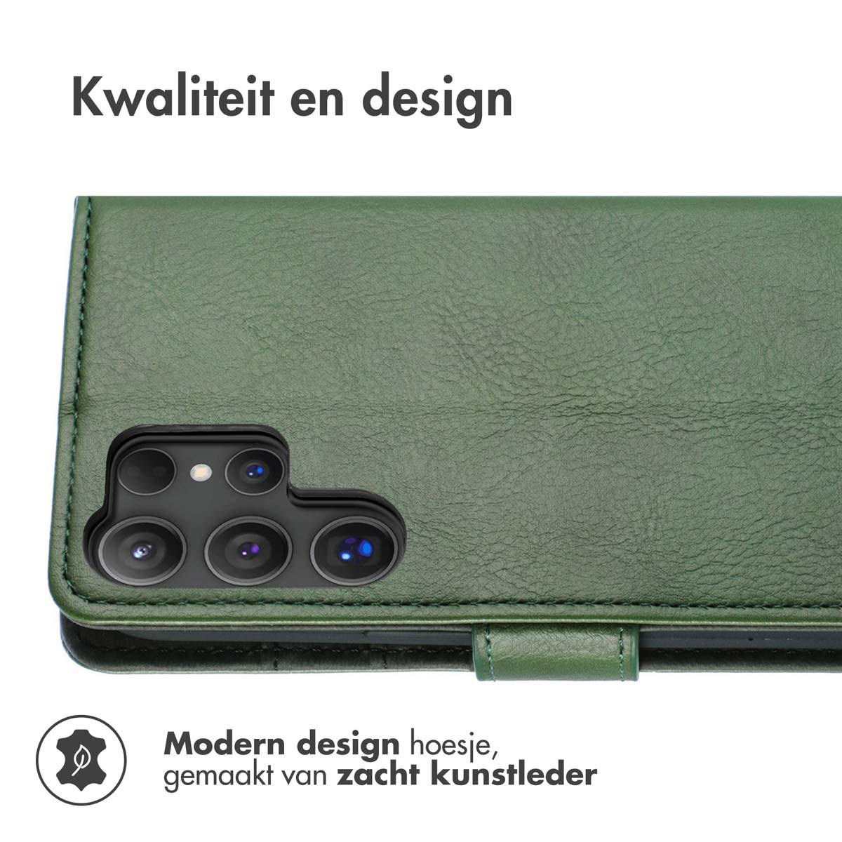 Étui de téléphone en cuir vert. Il est ouvert, montrant le téléphone à l'intérieur et une fermeture magnétique.