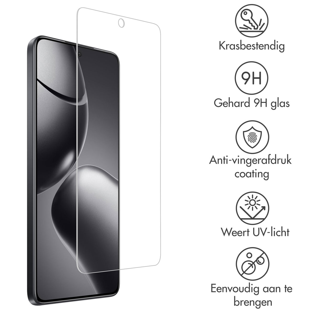 Téléphone avec protecteur d'écran et icônes décrivant les caractéristiques du protecteur.