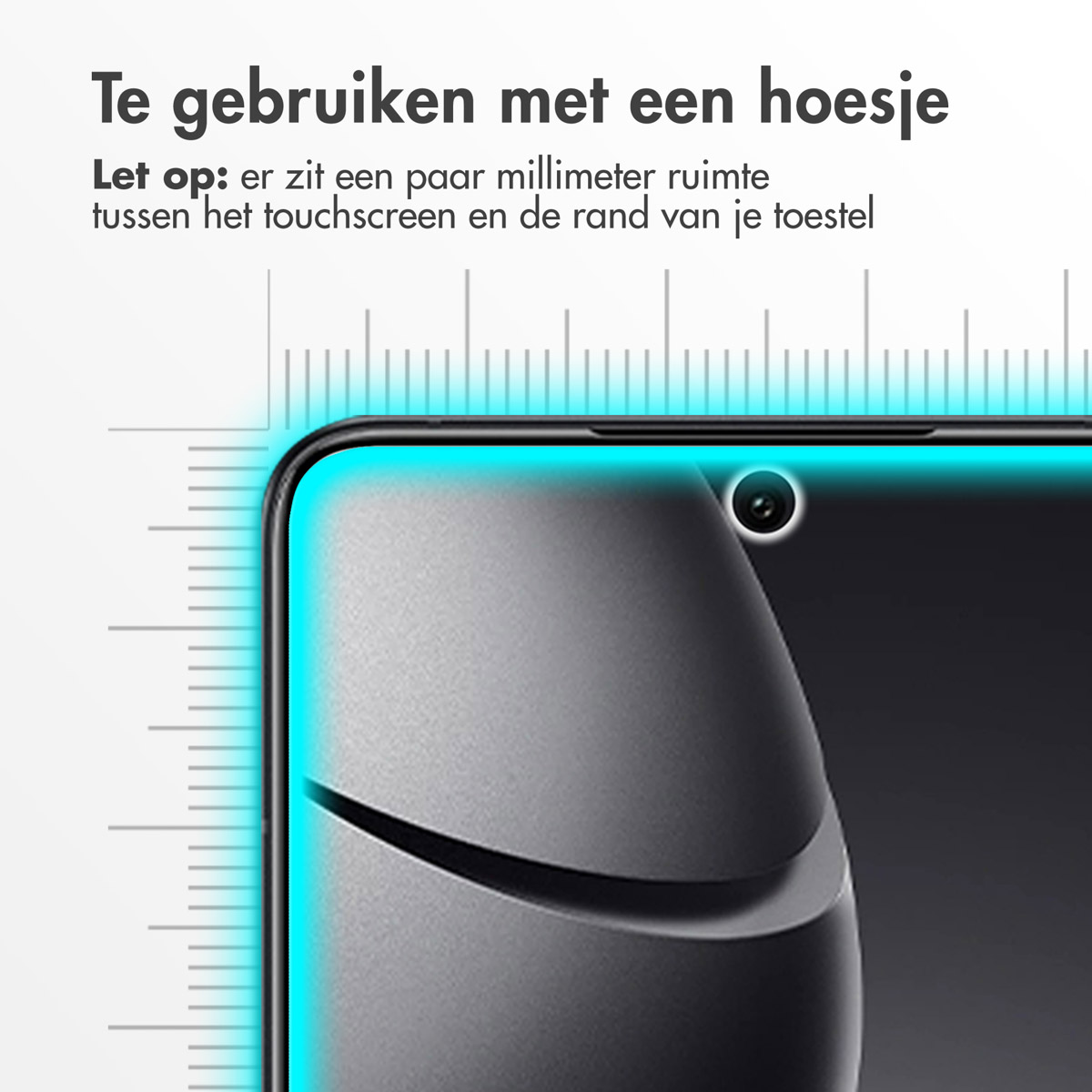 Gros plan sur un écran de téléphone avec une règle superposée, montrant le bord.