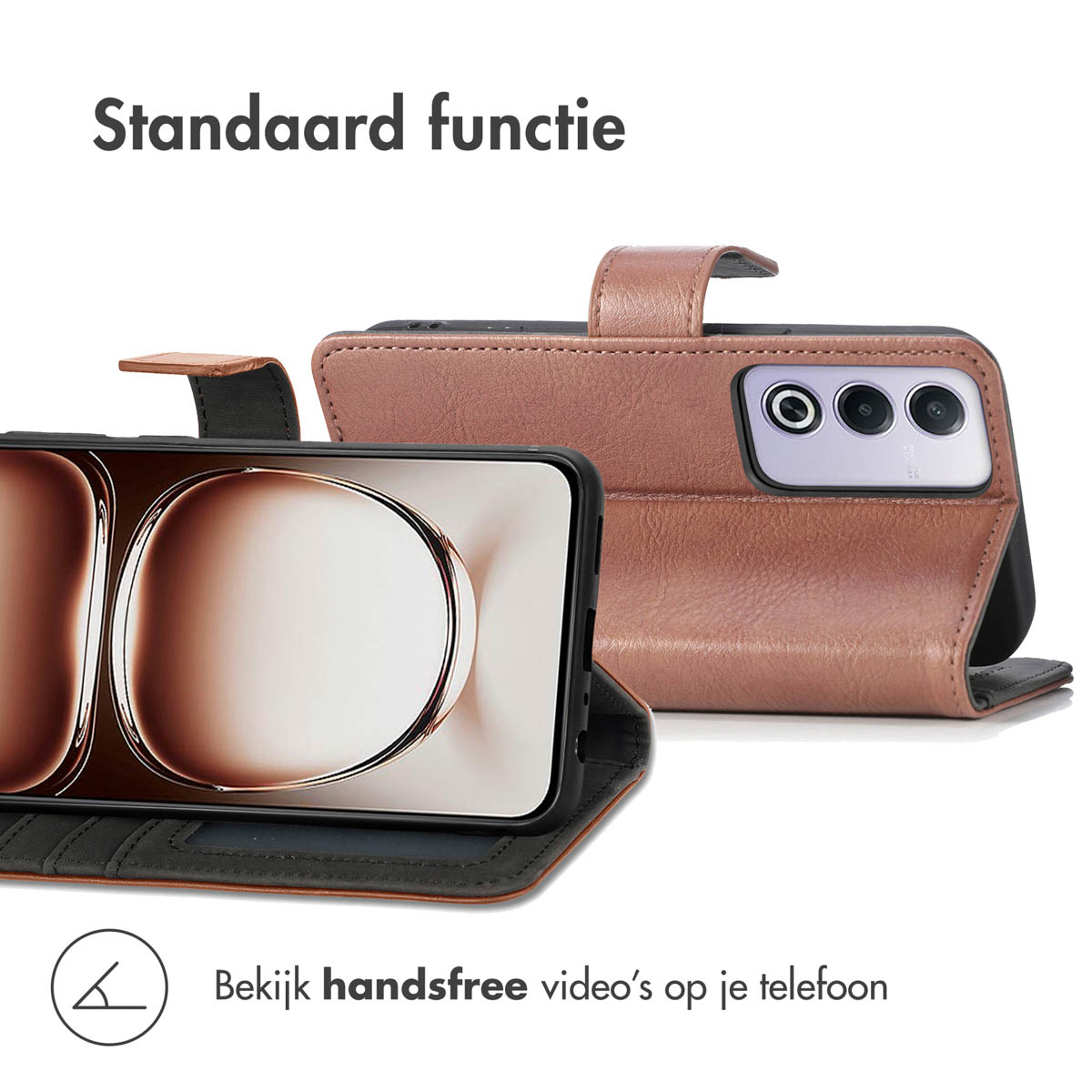 Open telefoonhoesje met een telefoon erin. De telefoon toont video. Bruine hoes.