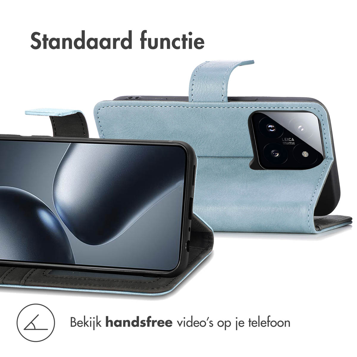 Étui de téléphone bleu clair avec téléphone à gauche et étui ouvert à droite.