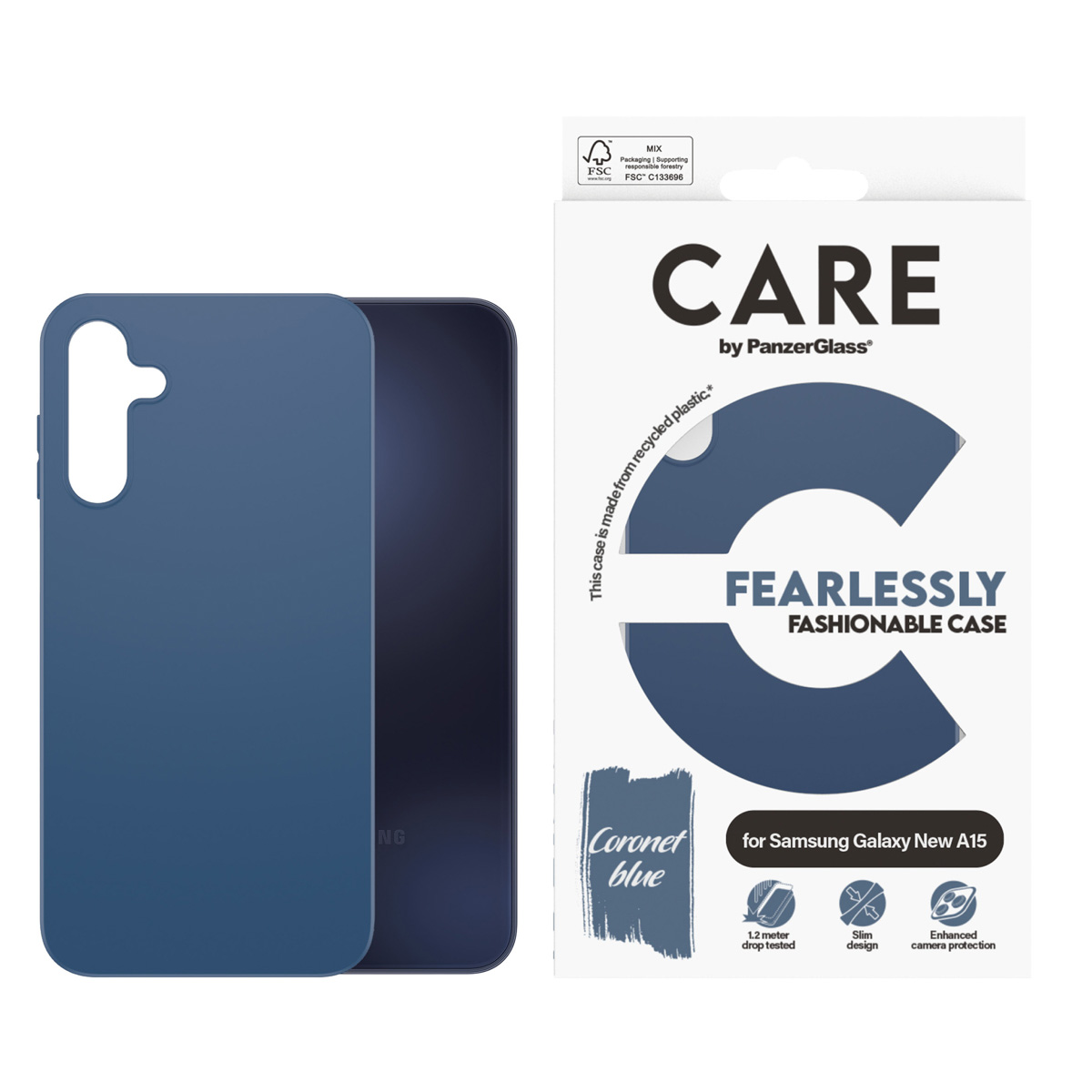 Blaue Handyhülle und Verpackung mit Text. Hülle ist für Samsung Galaxy A15. Verpackung sagt 'Care'.