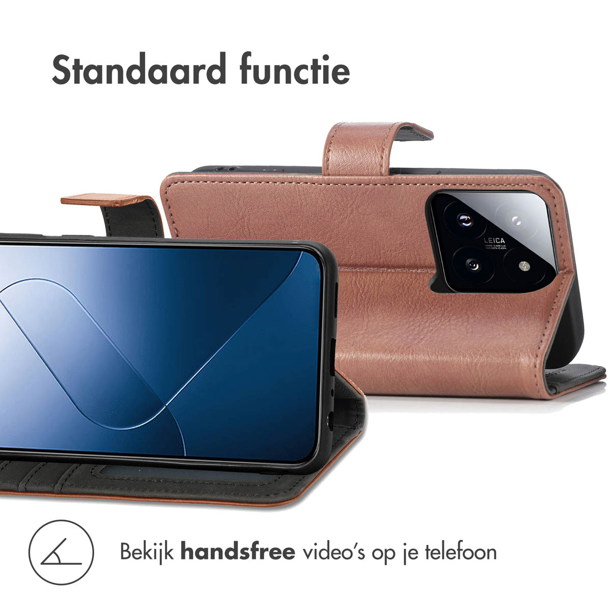Un téléphone dans un étui portefeuille marron, ouvert pour afficher l'écran. Comprend un objectif d'appareil photo.