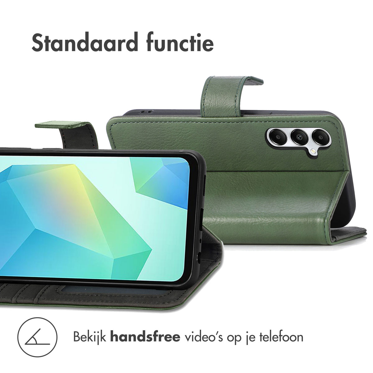 Eine grüne Handyhülle in einem Ständer, mit einem Telefon, das einen Bildschirm anzeigt. Freihändige Videowiedergabe.