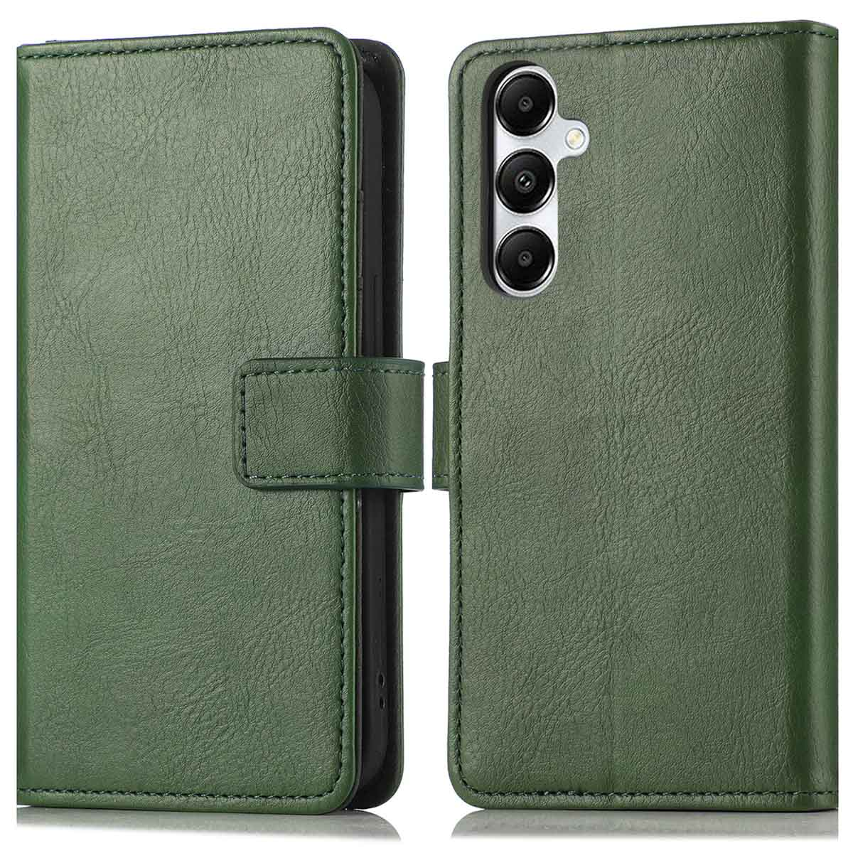 Een groene leren telefoonhoes, open en dicht. De open hoes onthult een telefoon met camera's.