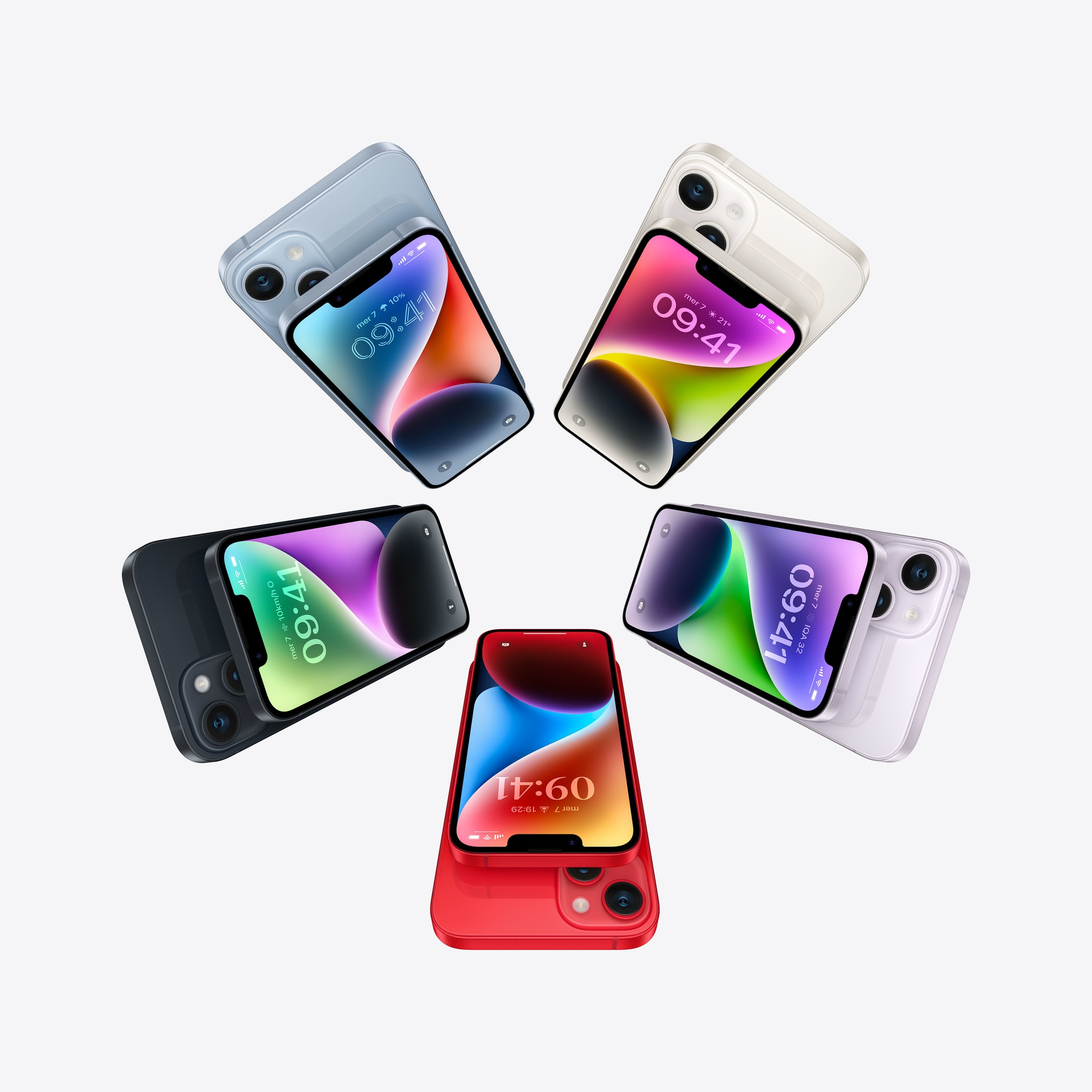 Opstelling van zes verschillende gekleurde telefoons: blauw, wit, zwart, paars, rood.