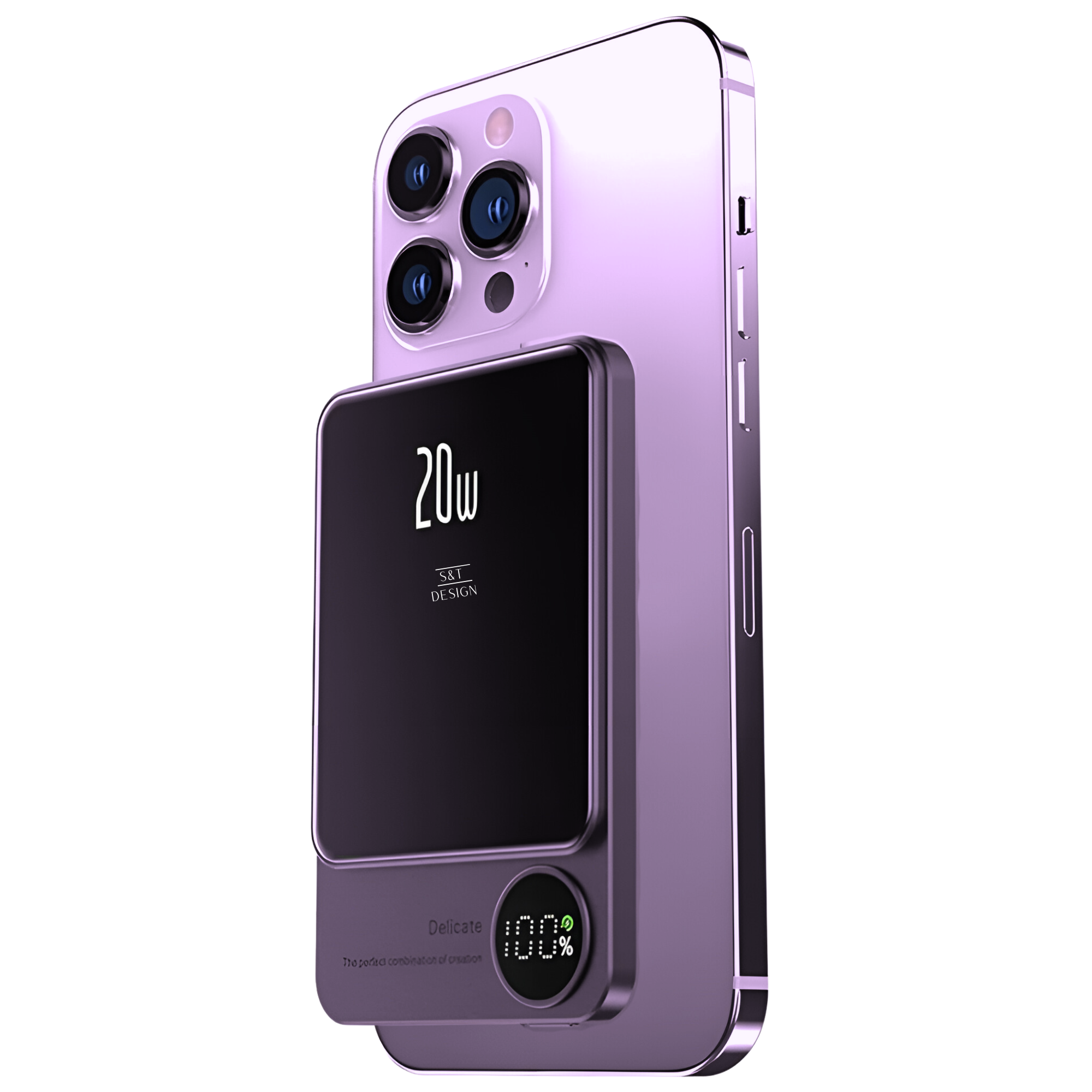 Lila Telefon mit einer schwarzen Powerbank. Die Powerbank hat einen Bildschirm mit 100% und 20W.