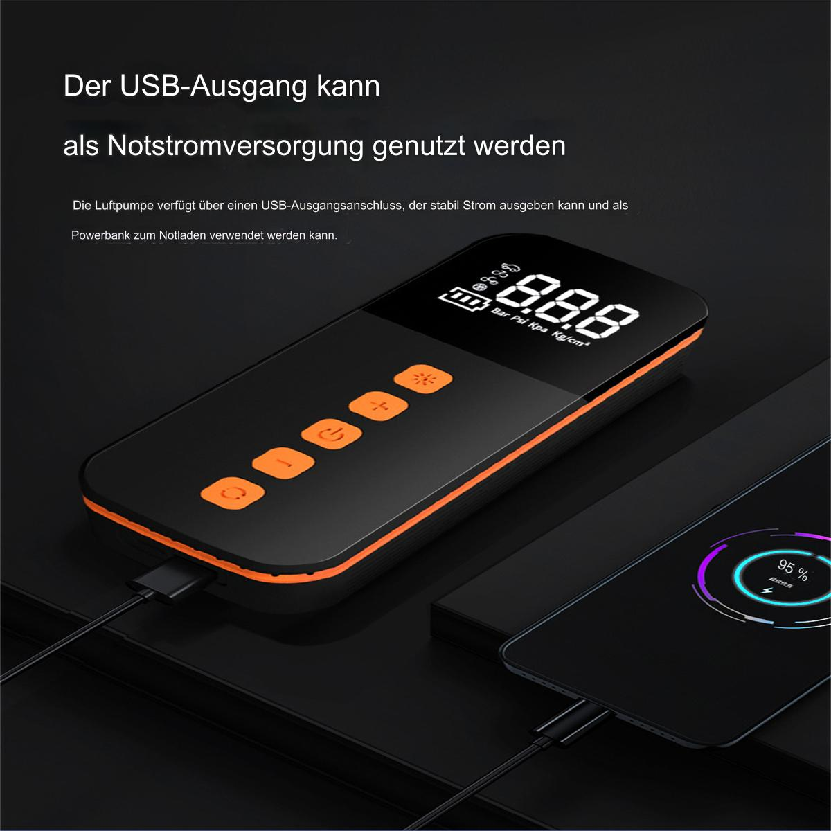 Schwarze Powerbank mit orangen Akzenten. Hat Knöpfe und ein Display mit 888. Lädt ein Telefon.