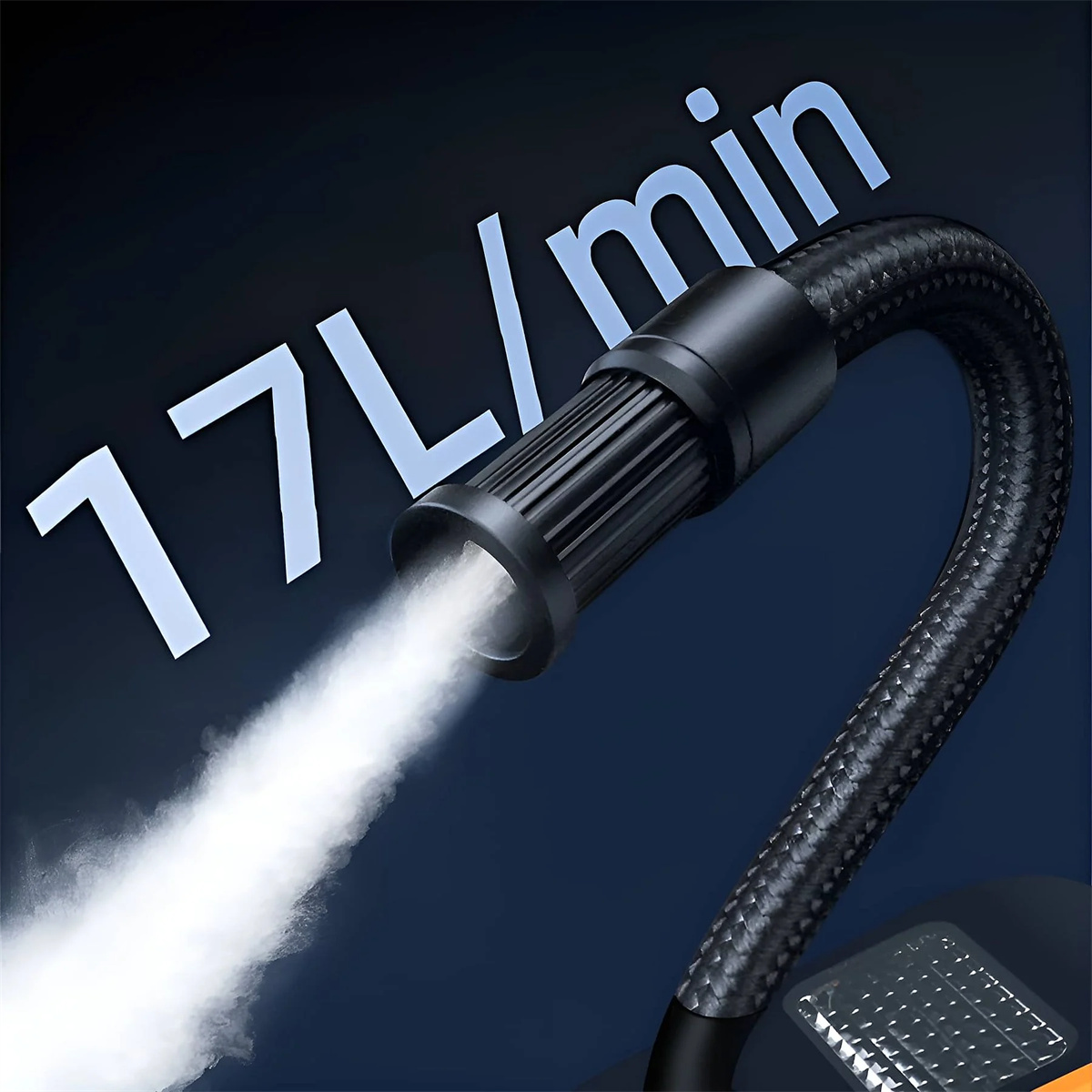 Schwarze Düse, die weißen Dampf ausstößt, mit dem Text '17L/min' auf dunkelblauem Hintergrund.