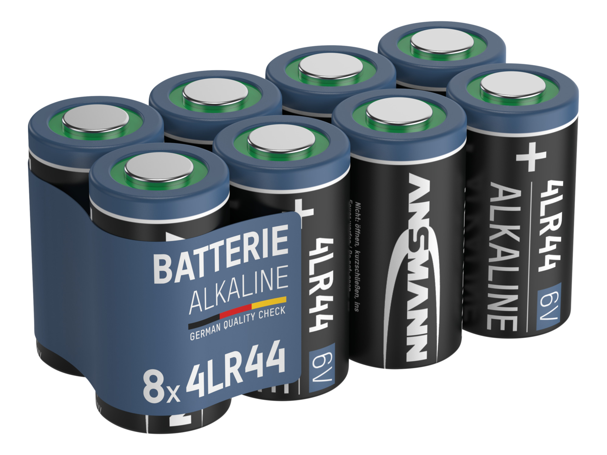 Eine Packung Batterien. 8 Batterien in einem blauen Halter.