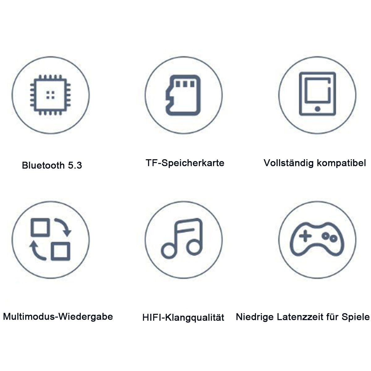 Symbole für Bluetooth, MicroSD, Kompatibilität, Multimodus-Wiedergabe, HiFi-Sound und niedrige Latenz.