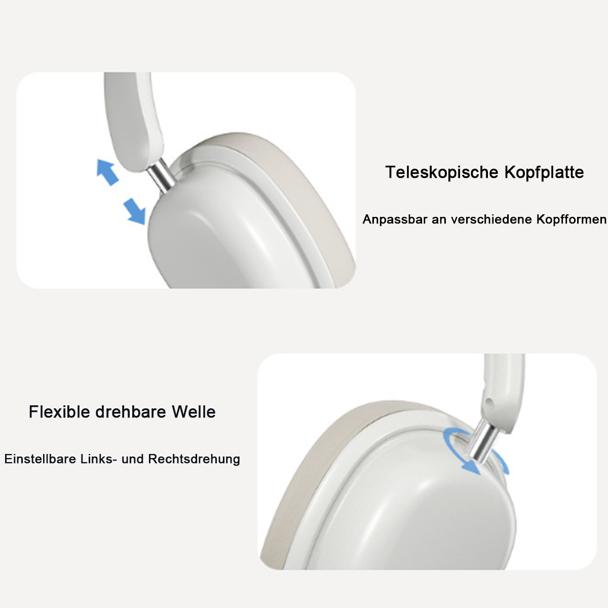 Weiße Kopfhörer mit beigefarbenen Ohrmuscheln. Das Kopfband ist verstellbar. Ohrmuscheln drehbar.