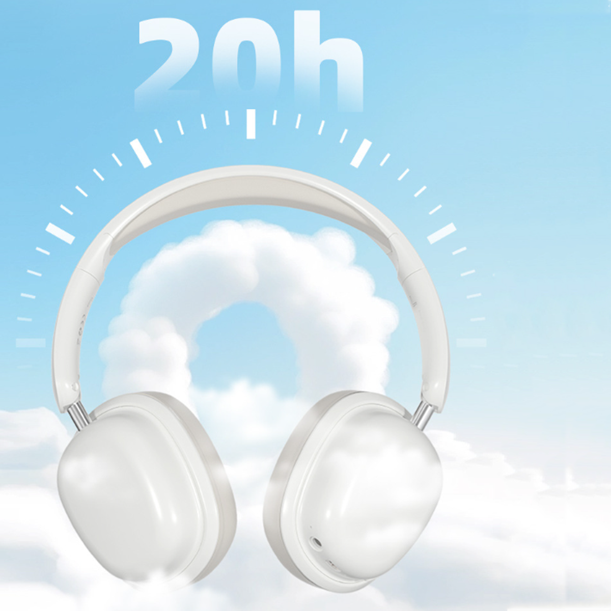 Weiße Kopfhörer mit der Zahl 20h und einer Uhrgrafik in einem blauen Himmel mit weißen Wolken.