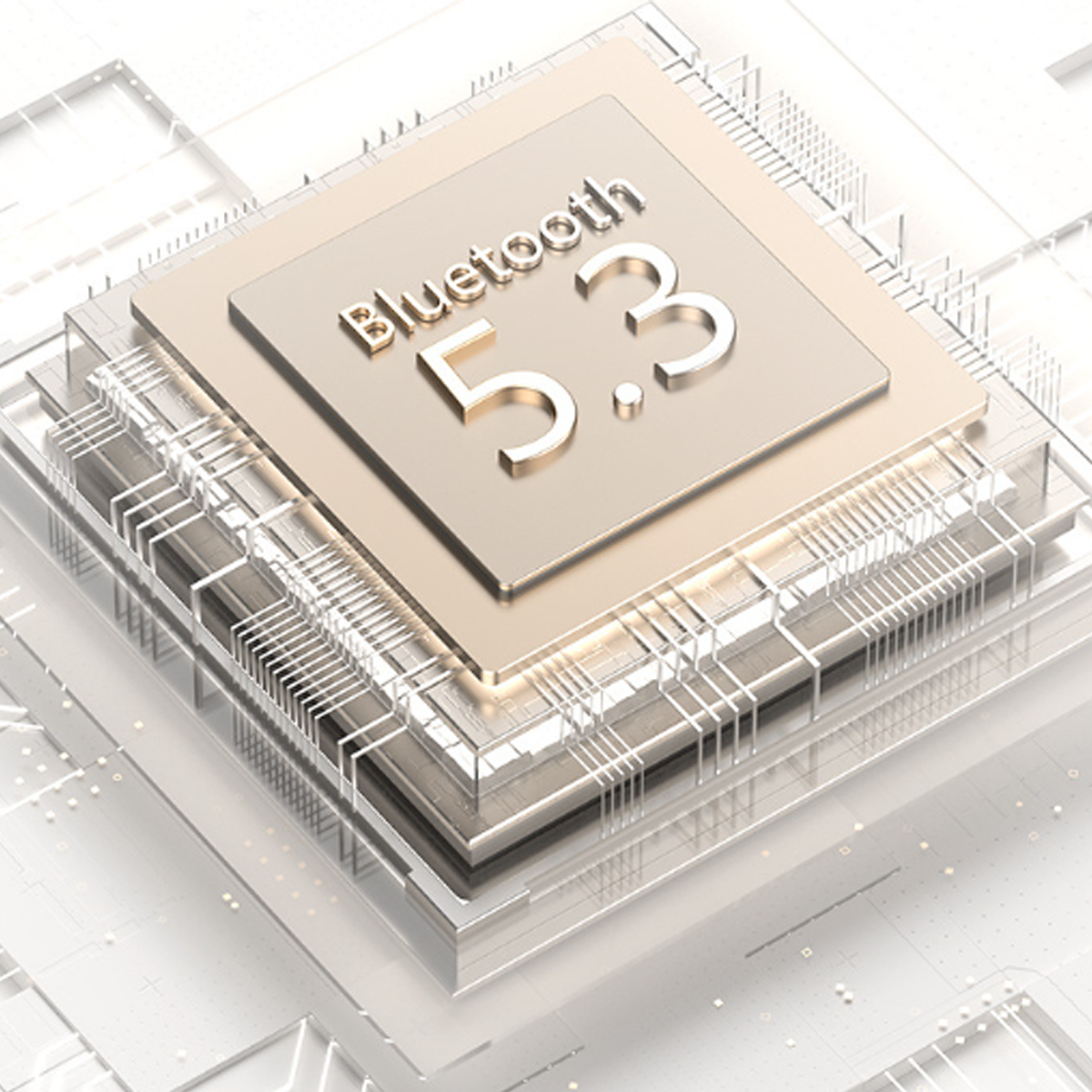 Nahaufnahme eines goldfarbenen Computerchips mit dem Text 'Bluetooth 5.3' auf der Oberfläche.