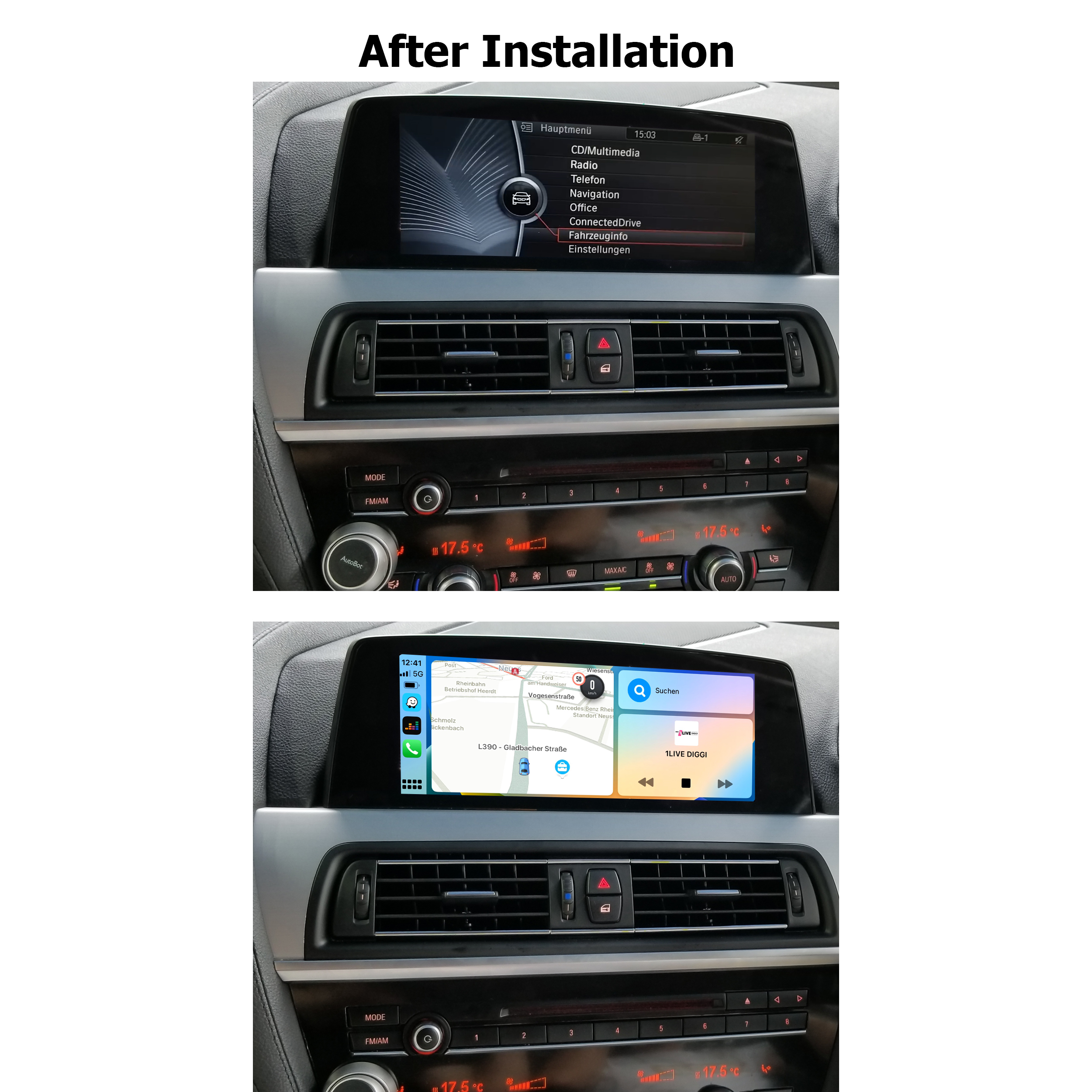 Autoinnenraum nach der Installation eines Bildschirms. Zeigt das Multimediasystem des Autos.