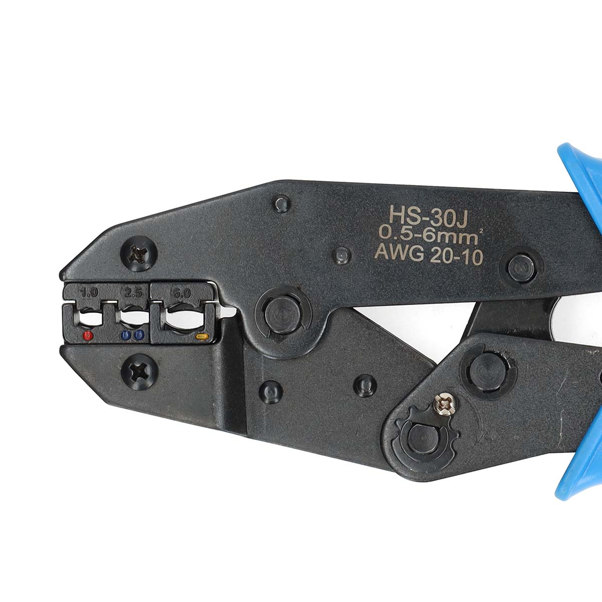 Handwerkzeug zum Crimpen von Drähten, blauer Griff und Metallbacken.