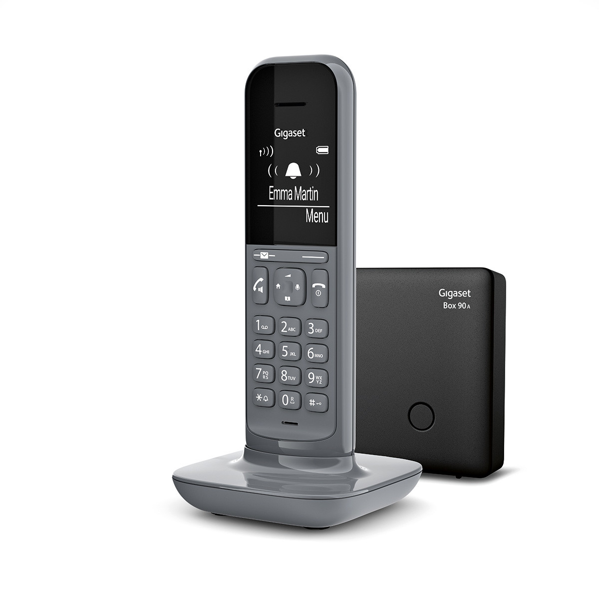 Telefono cordless Gigaset grigio e stazione base. Il telefono ha uno schermo e pulsanti. La base è nera.