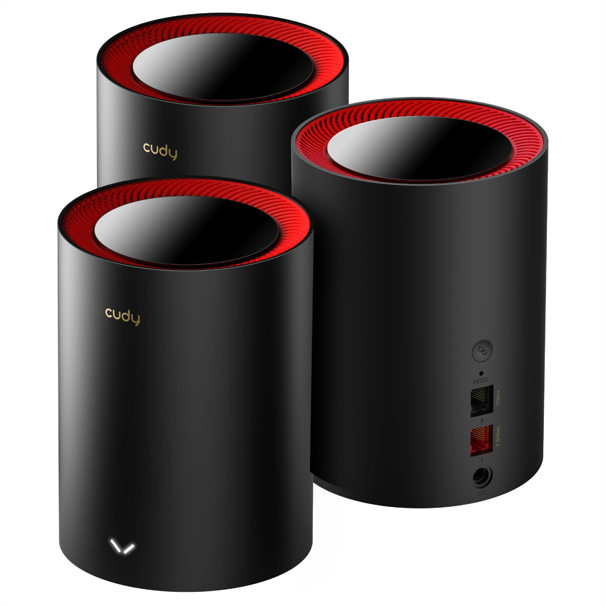 Tres enrutadores WiFi de malla cilíndricos negros con tapas rojas y la marca cuddy.