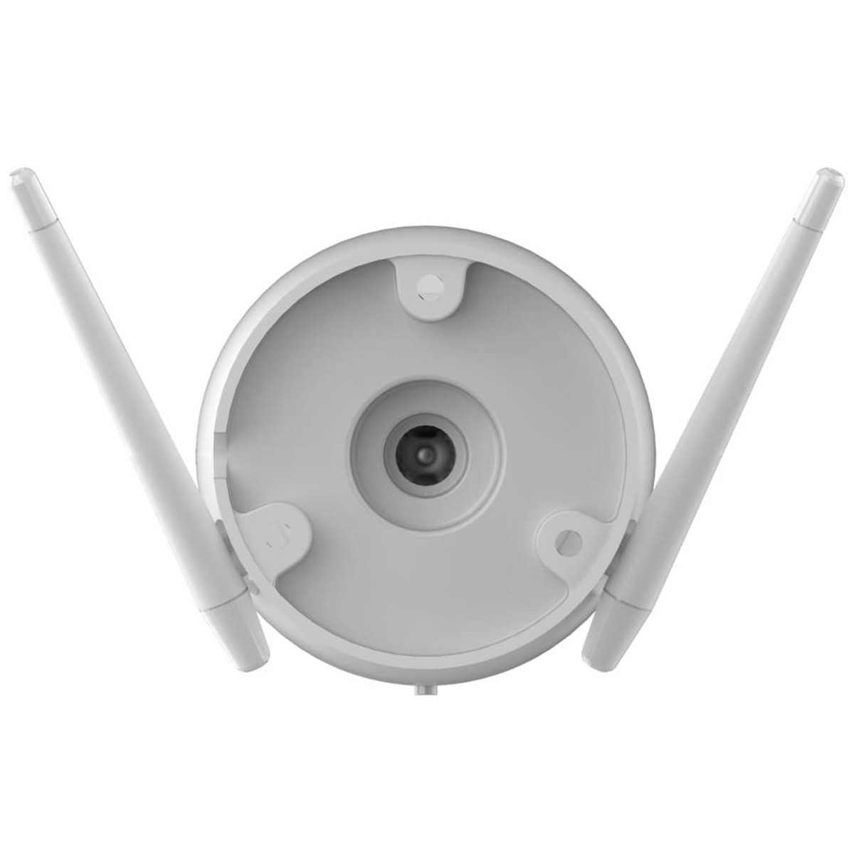 Base blanca de cámara de seguridad. Dos antenas en el lado. La cámara tiene diseño circular y dos orificios.