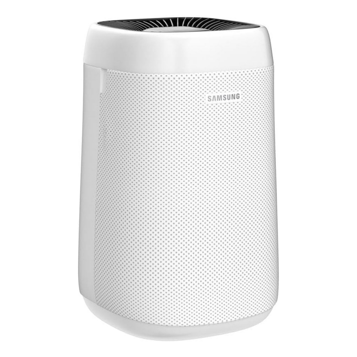 Weißer zylindrischer Luftreiniger mit grau gemustertem Abschnitt. Das Samsung-Logo ist sichtbar.