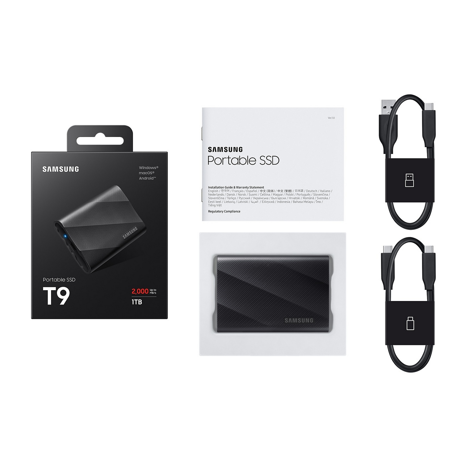Zestaw przenośnego dysku SSD Samsung. Zawiera pudełko, dysk SSD i dwa kable USB.