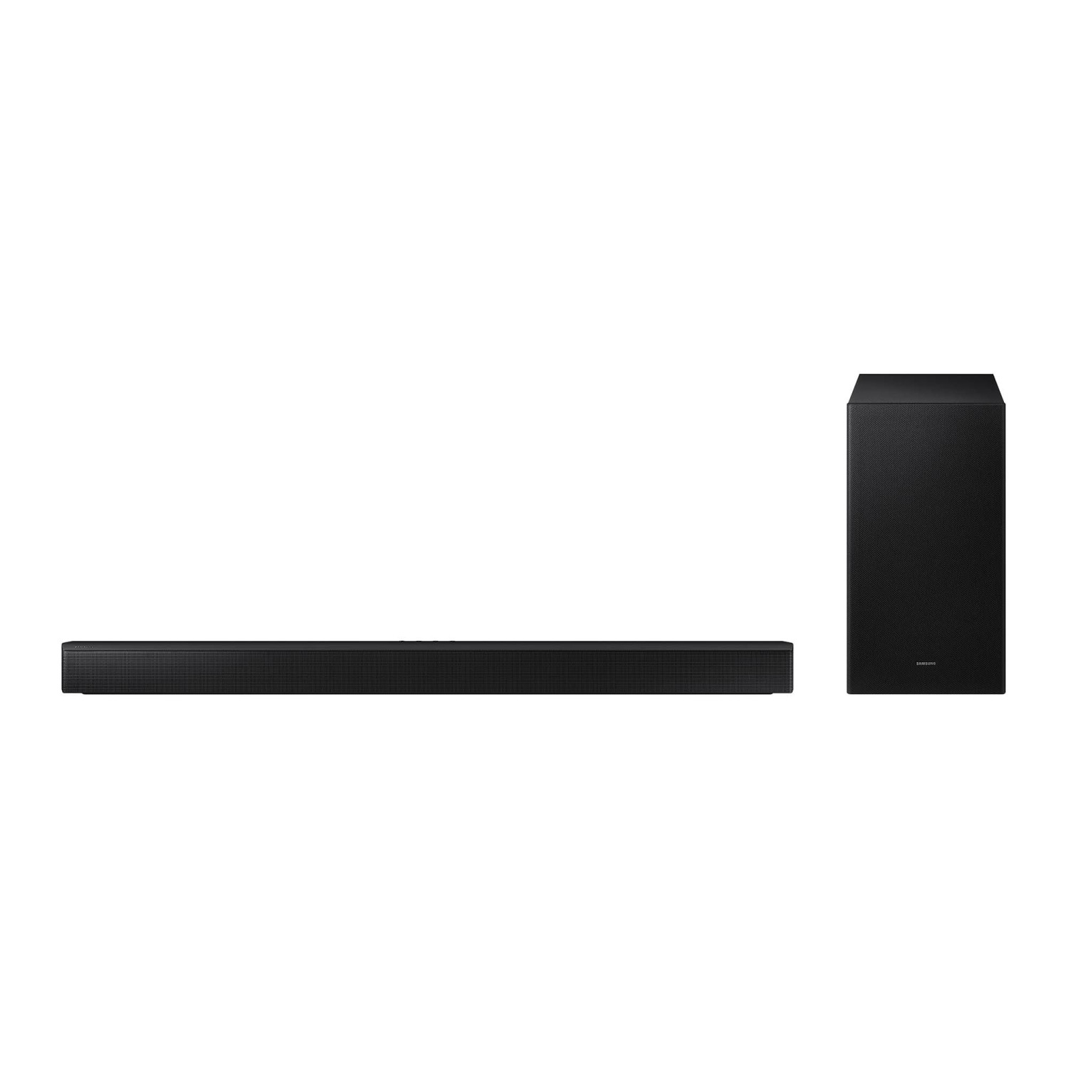 Una barra de sonido y subwoofer negros sobre fondo blanco.