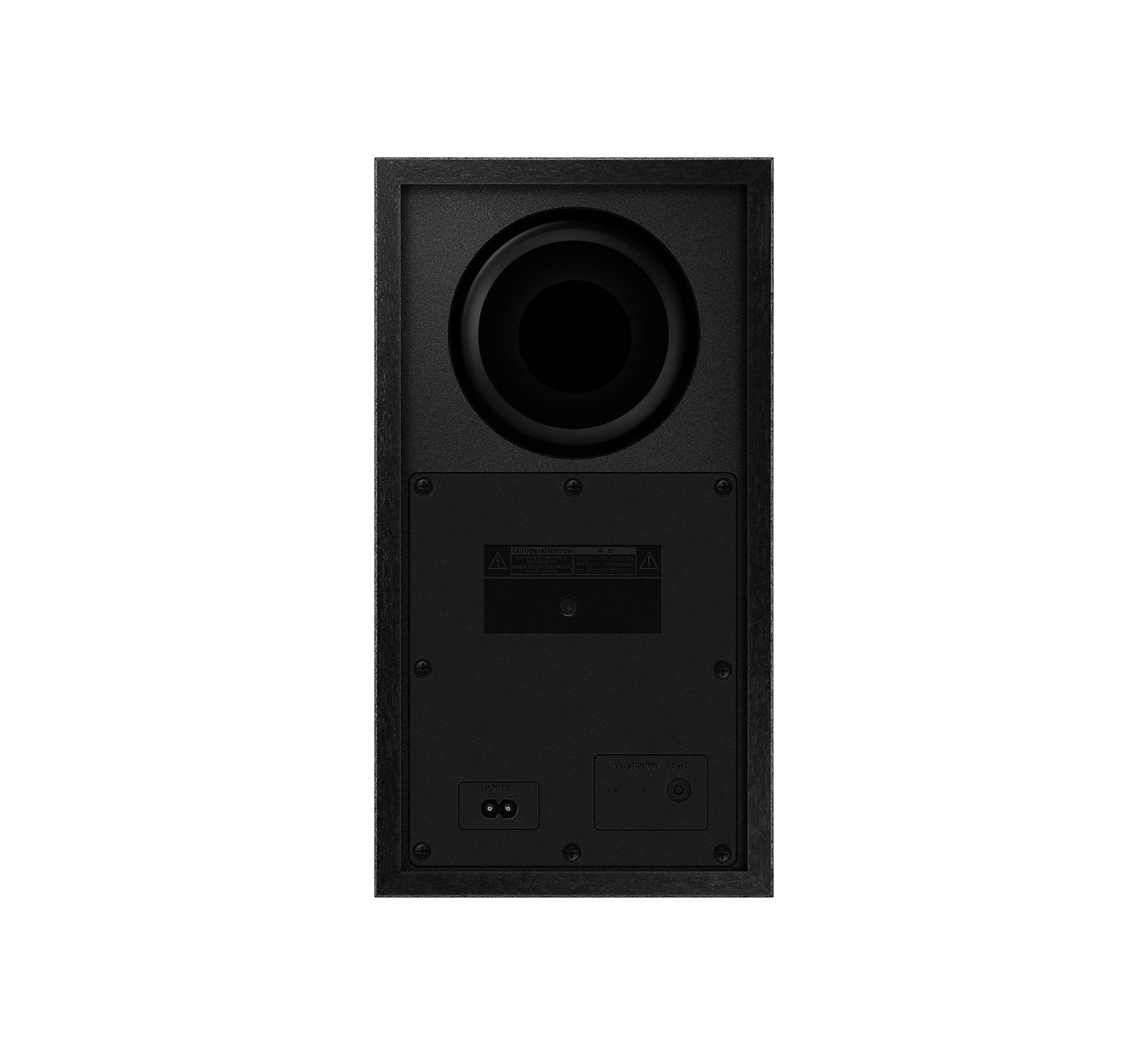 Parte trasera de un subwoofer rectangular negro con un altavoz circular grande y puertos.