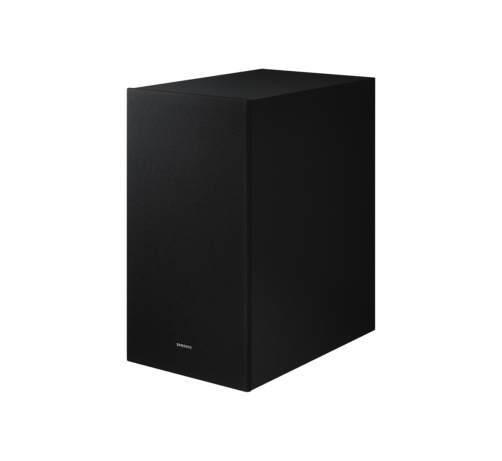 Subwoofer rectangular negro. El logotipo de Samsung está en la parte delantera.